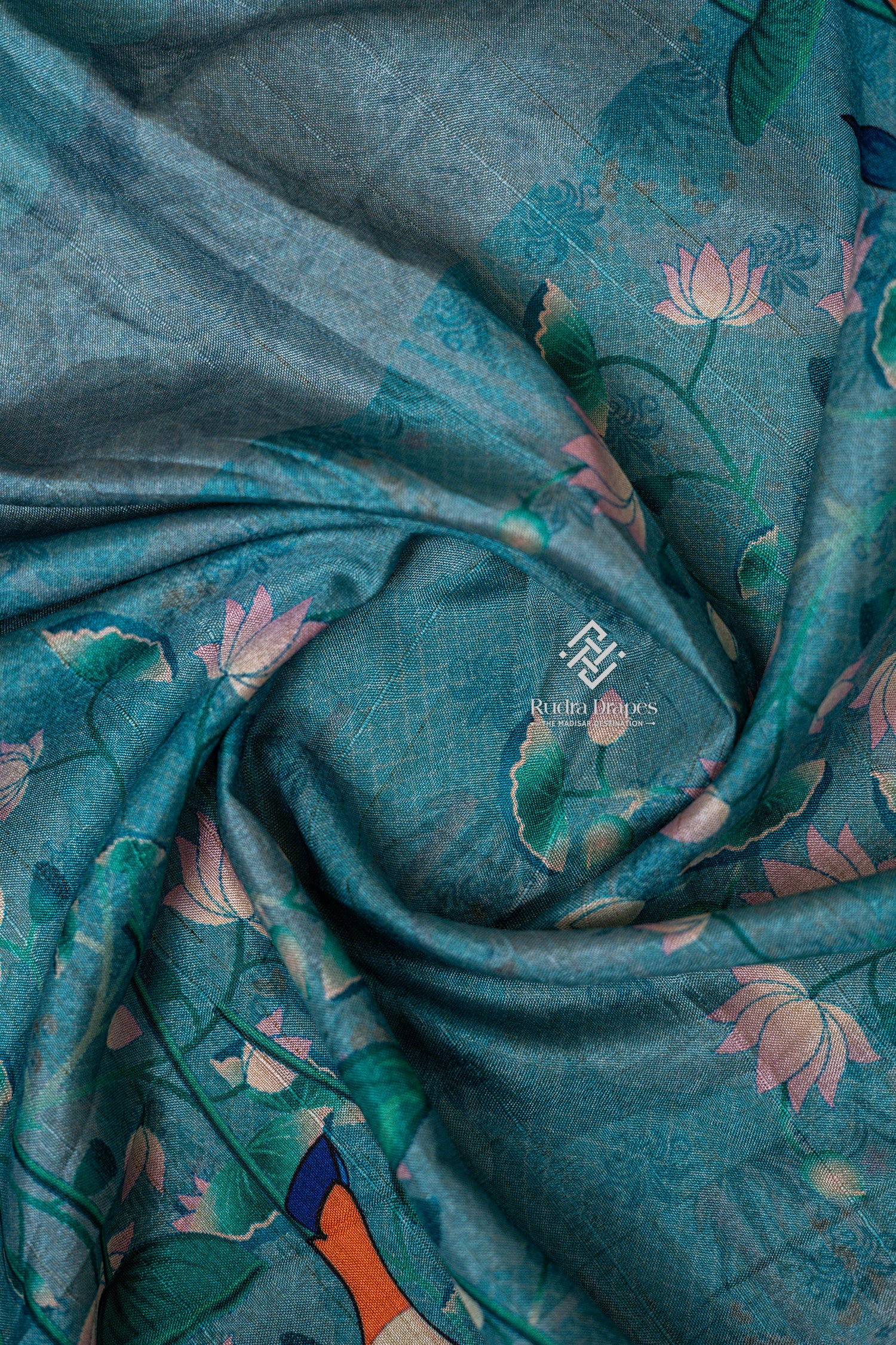 Teal Blue Pichwai Print Malai Silk 10 Yards Madisar Saree