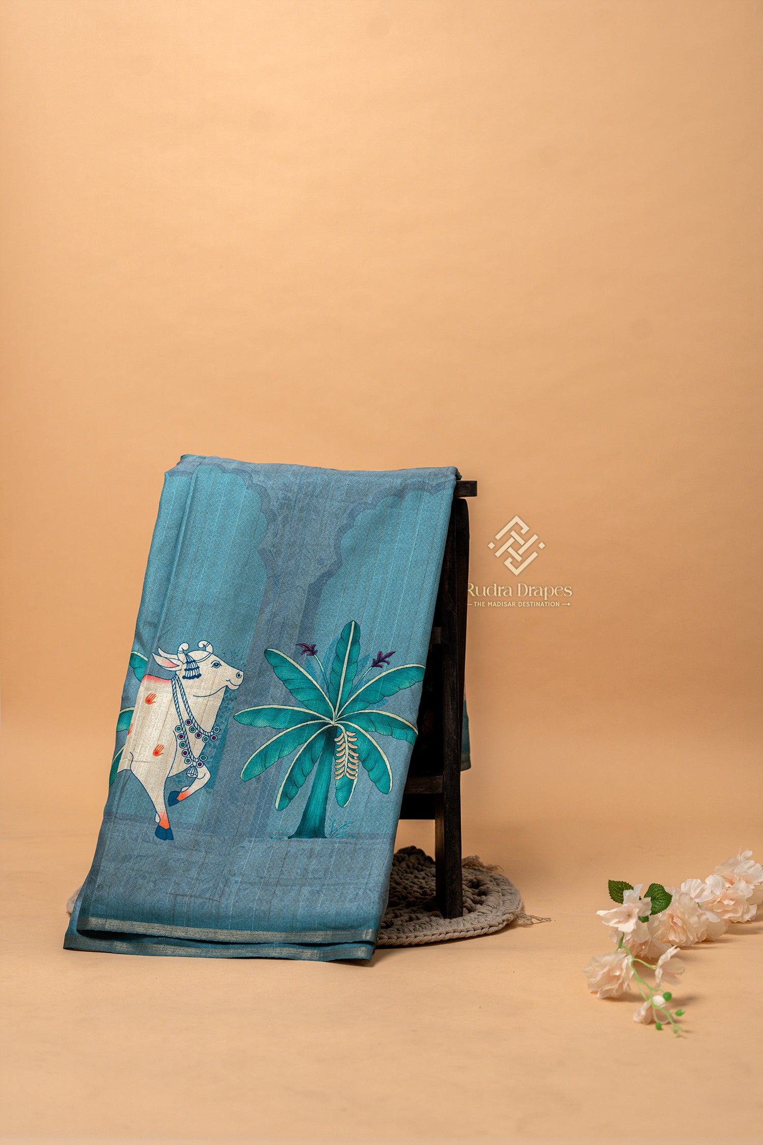 Teal Blue Pichwai Print Malai Silk 10 Yards Madisar Saree