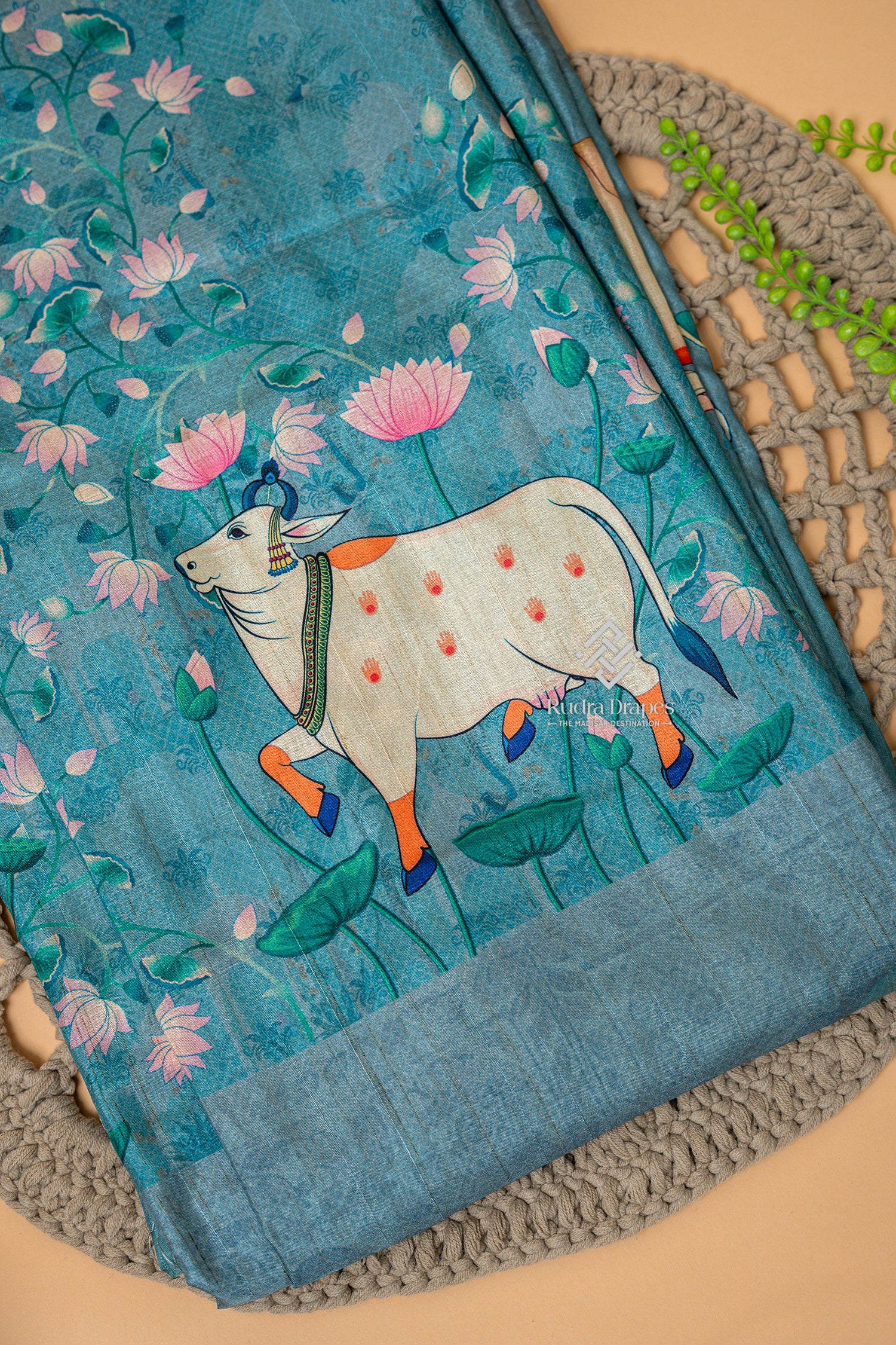 Teal Blue Pichwai Print Malai Silk 10 Yards Madisar Saree