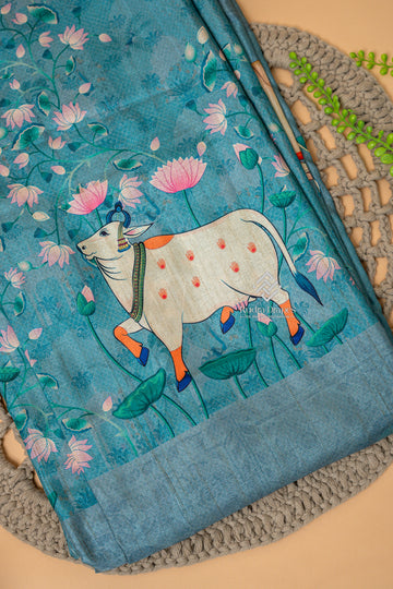 Teal Blue Pichwai Print Malai Silk 10 Yards Madisar Saree