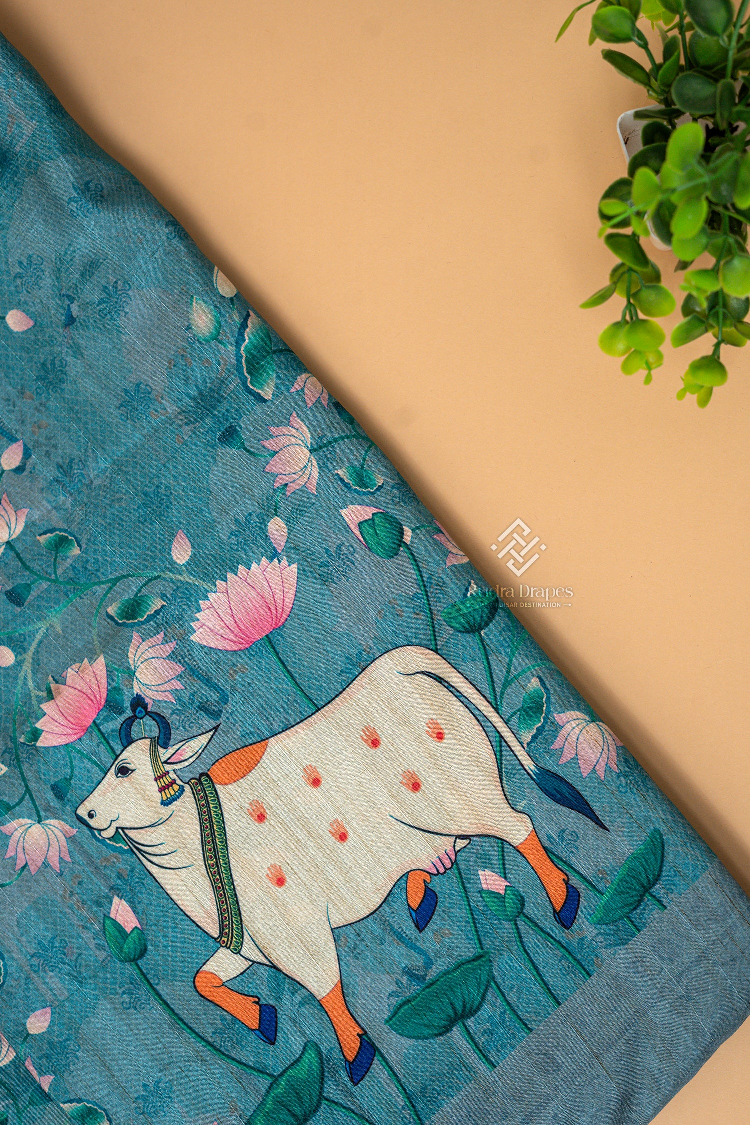 Teal Blue Pichwai Print Malai Silk 10 Yards Madisar Saree