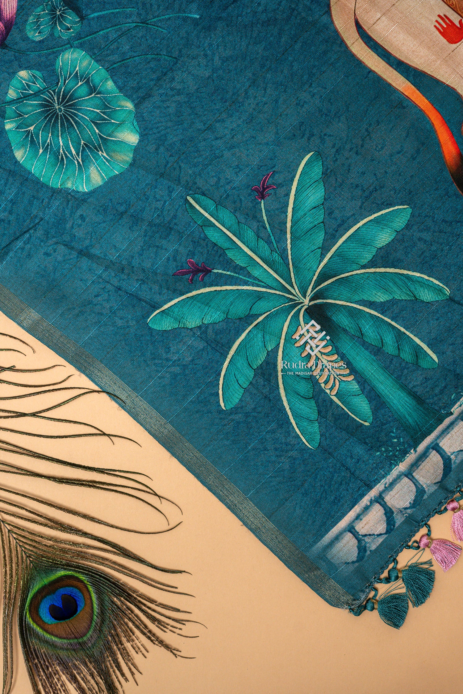 Teal Blue Pichwai Print Malai Silk 10 Yards Madisar Saree