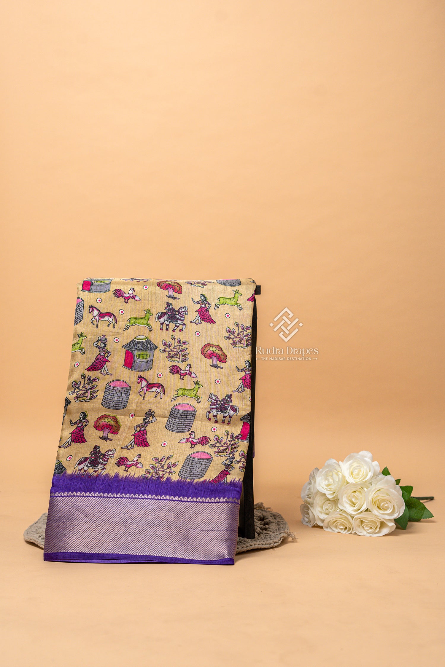 Golden Beige with Royal Purple Dola Silk 10 Yards Madisar Saree