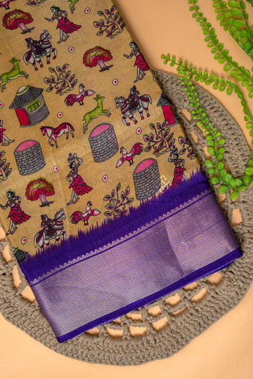 Golden Beige with Royal Purple Dola Silk 10 Yards Madisar Saree