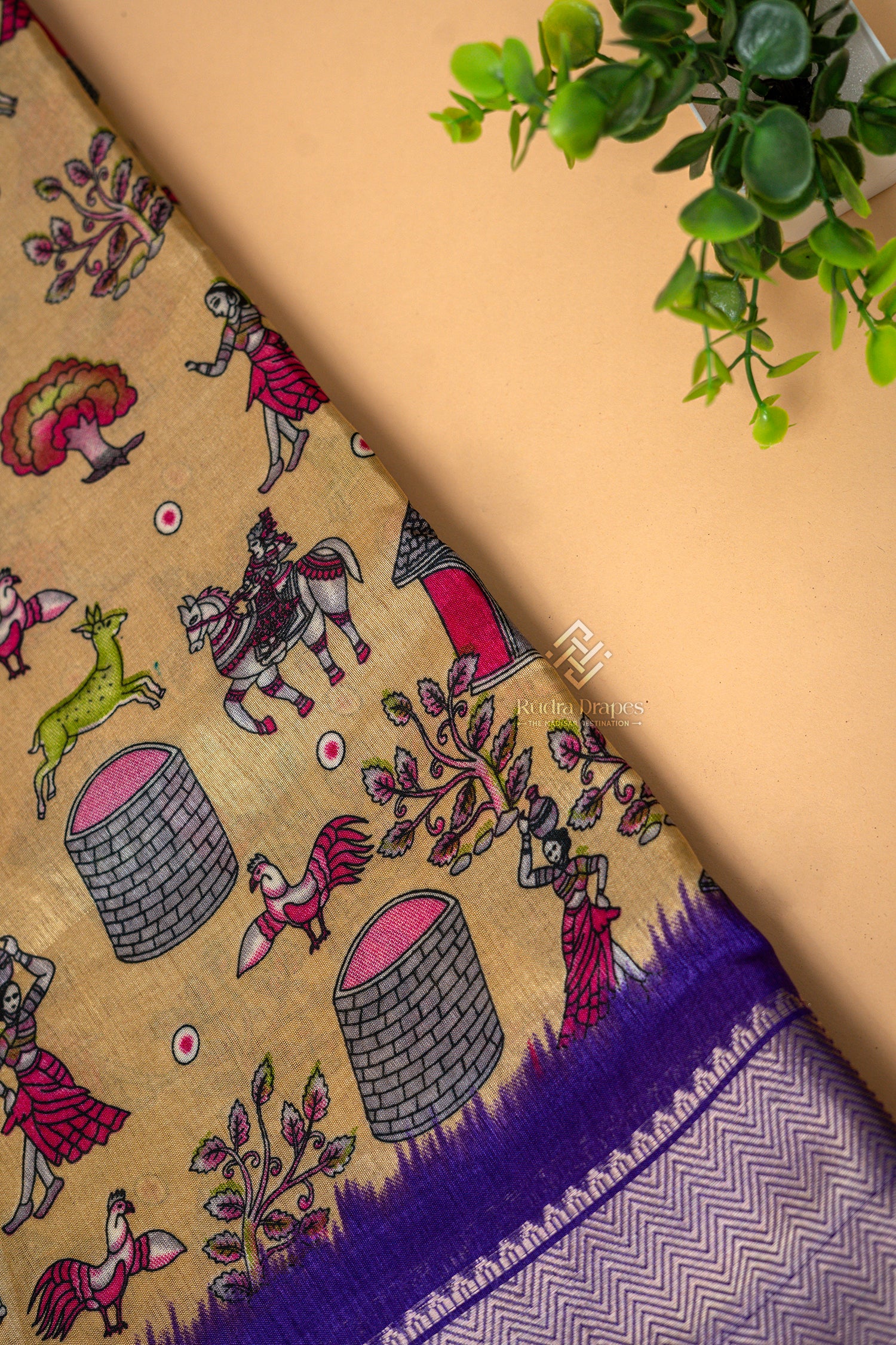 Golden Beige with Royal Purple Dola Silk 10 Yards Madisar Saree