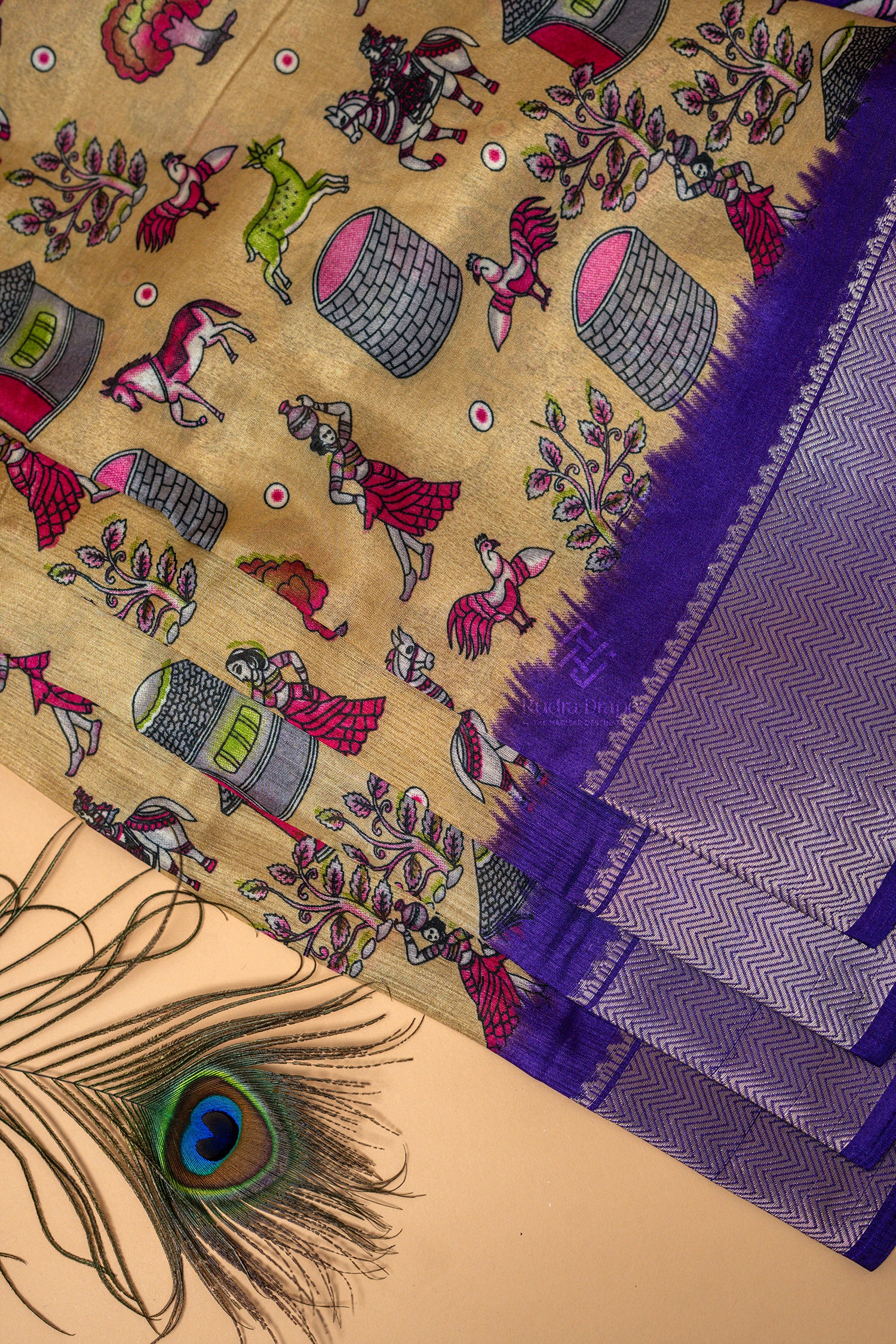 Golden Beige with Royal Purple Dola Silk 10 Yards Madisar Saree