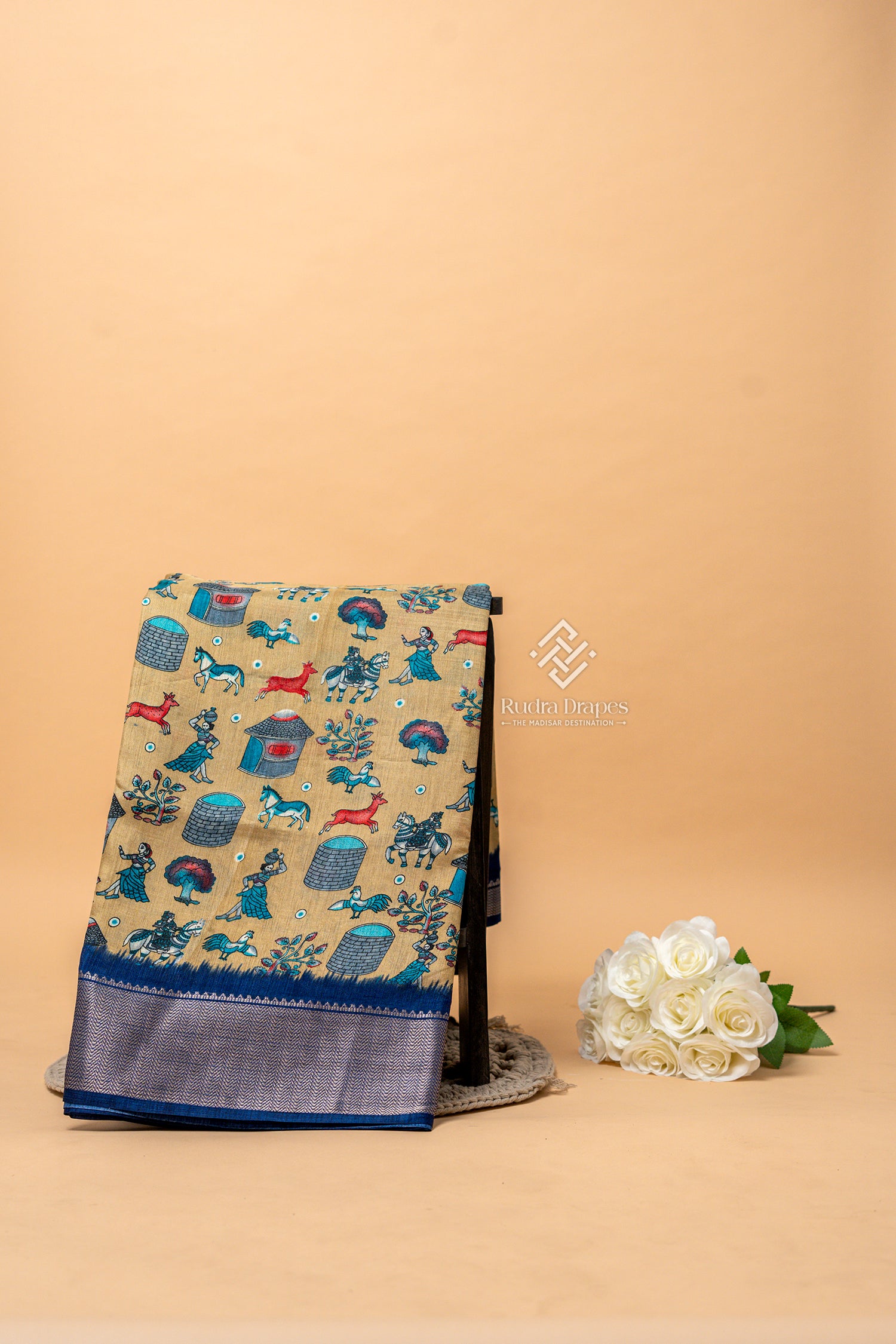 Golden Beige with Royal Blue Dola Silk 10 Yards Madisar Saree