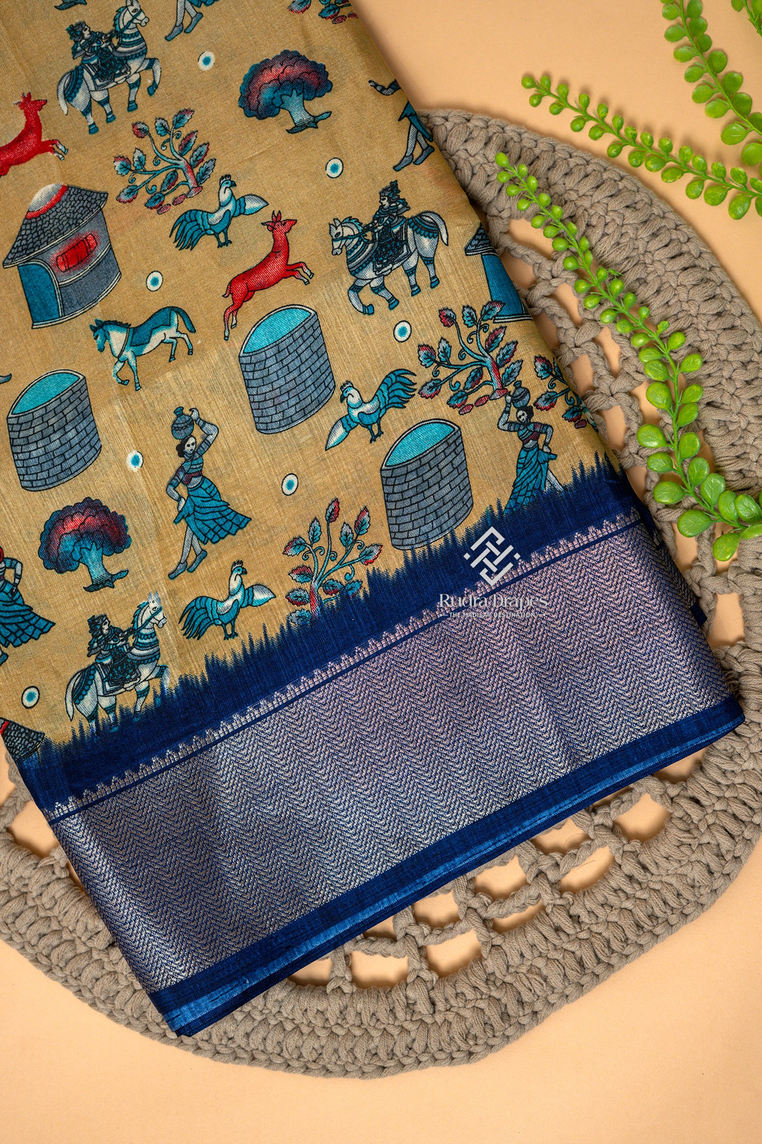 Golden Beige with Royal Blue Dola Silk 10 Yards Madisar Saree
