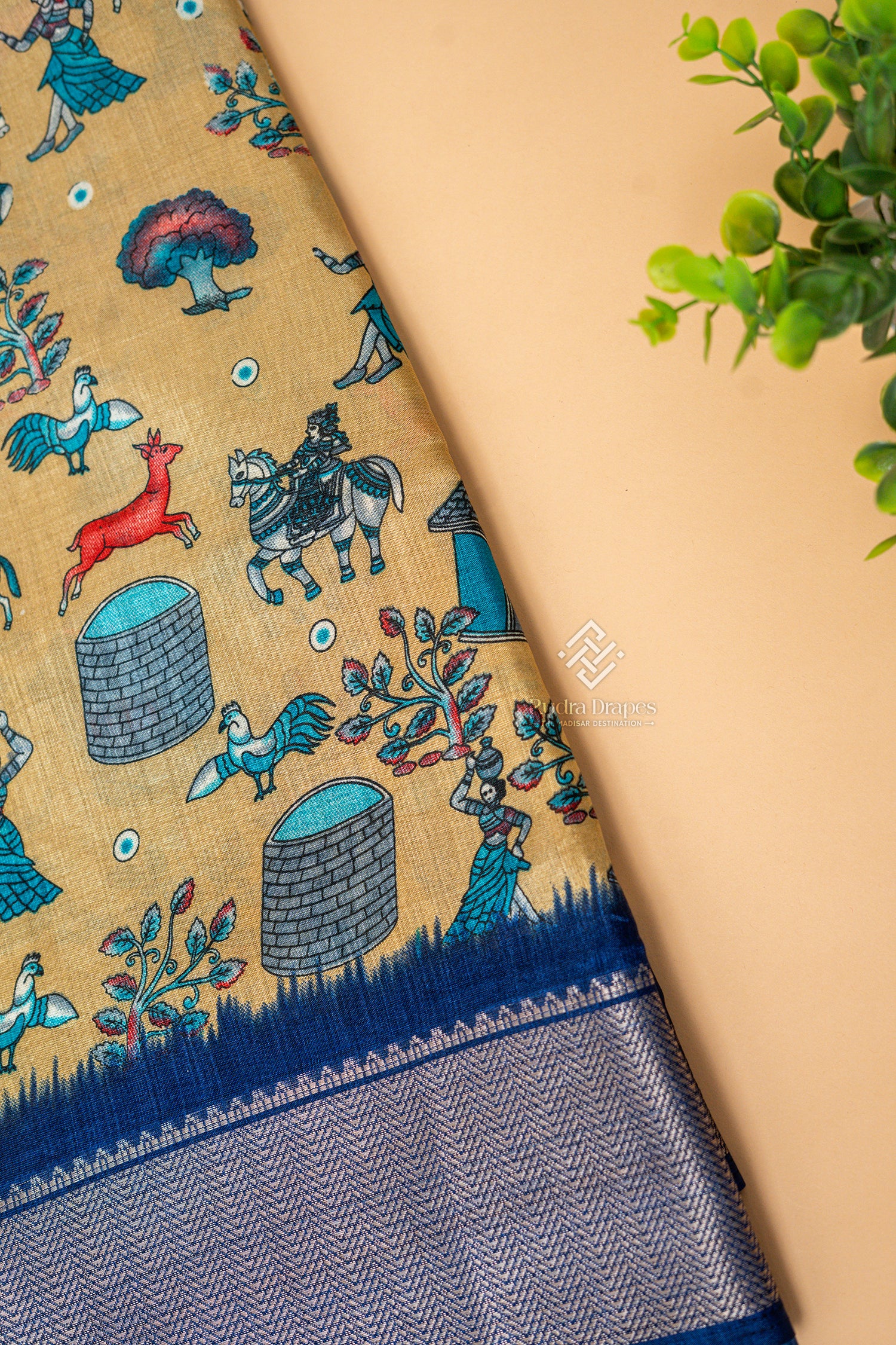 Golden Beige with Royal Blue Dola Silk 10 Yards Madisar Saree