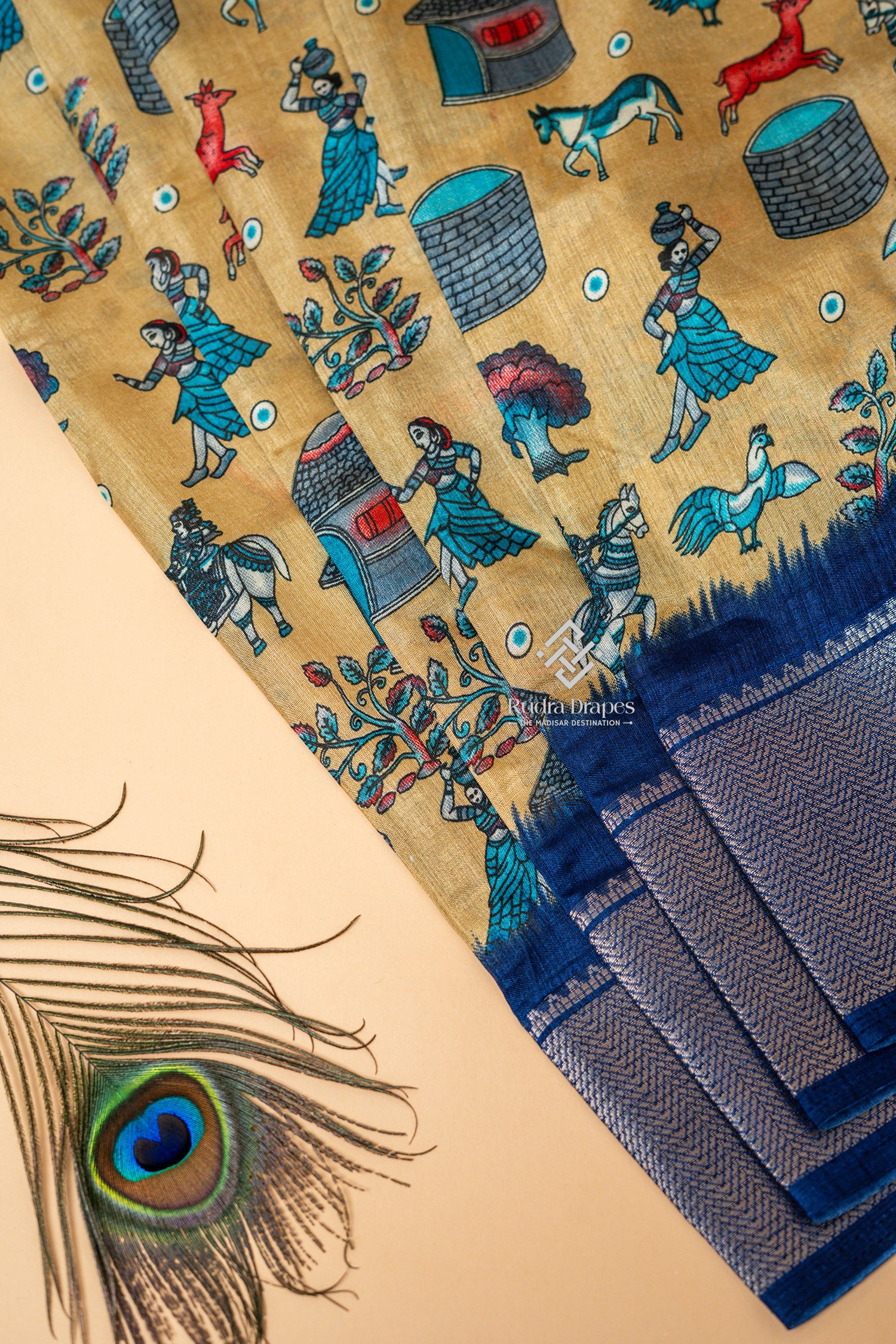 Golden Beige with Royal Blue Dola Silk 10 Yards Madisar Saree