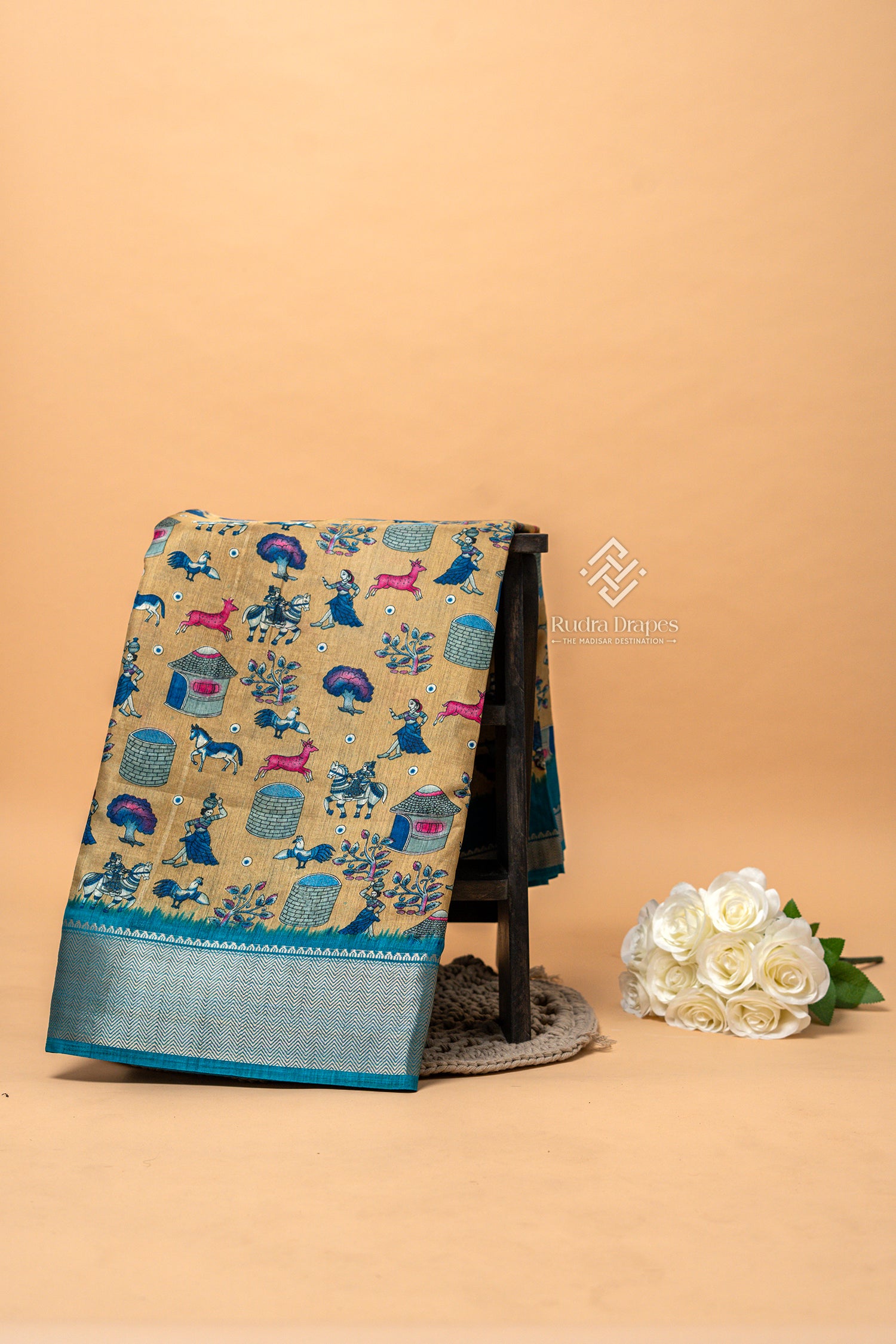 Golden Beige with Turquoise Blue Dola Silk 10 Yards Madisar Saree