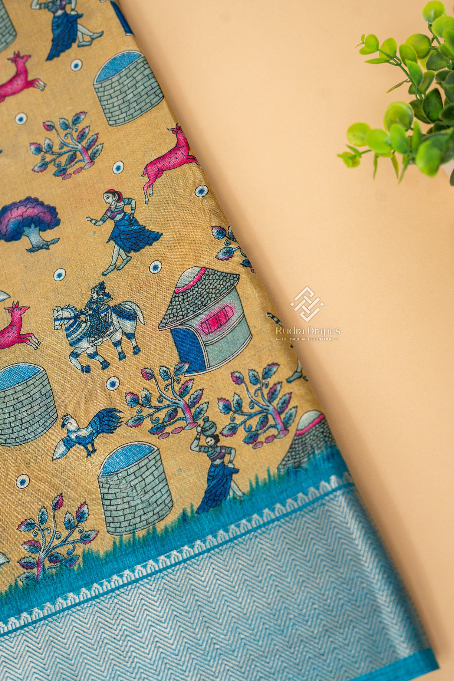 Golden Beige with Turquoise Blue Dola Silk 10 Yards Madisar Saree