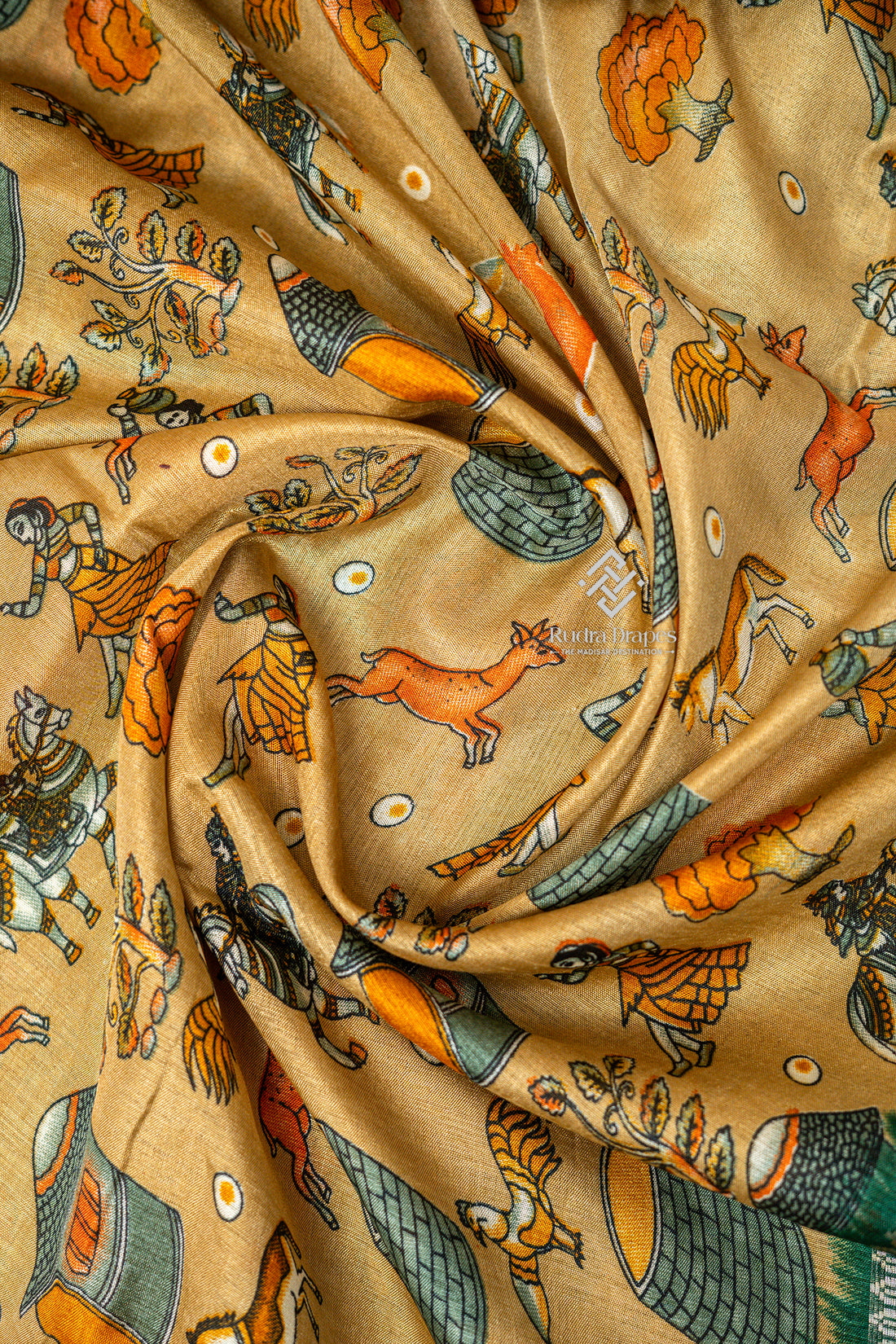 Golden Beige with Emerald Green Dola Silk 10 Yards Madisar Saree