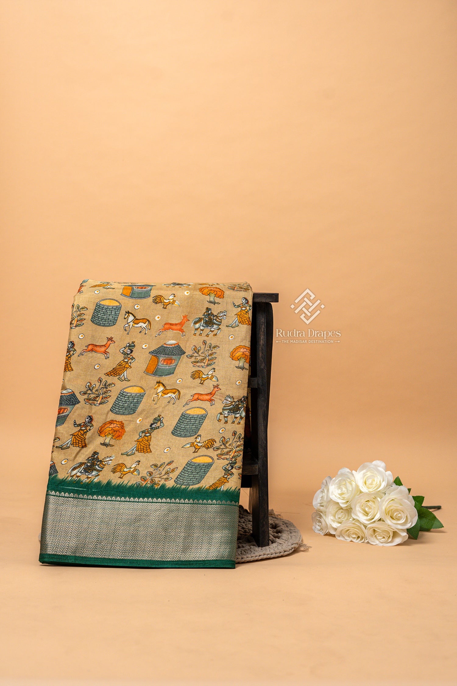 Golden Beige with Emerald Green Dola Silk 10 Yards Madisar Saree