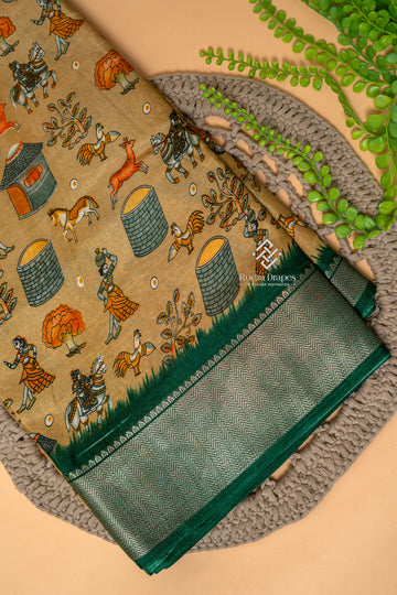 Golden Beige with Emerald Green Dola Silk 10 Yards Madisar Saree