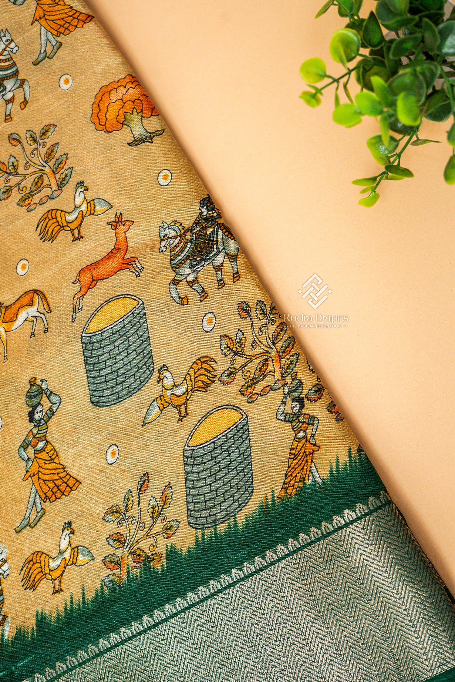 Golden Beige with Emerald Green Dola Silk 10 Yards Madisar Saree