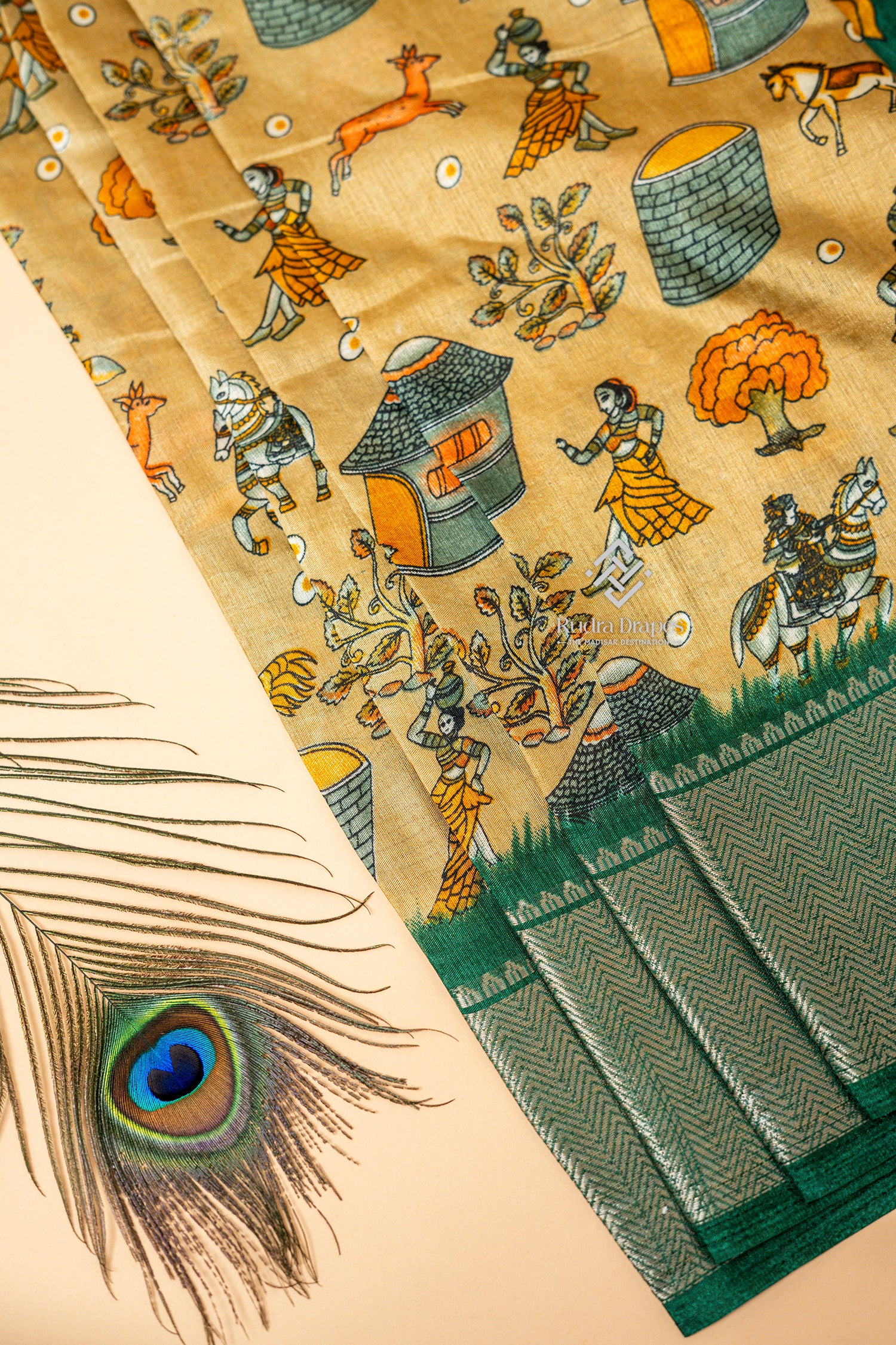 Golden Beige with Emerald Green Dola Silk 10 Yards Madisar Saree