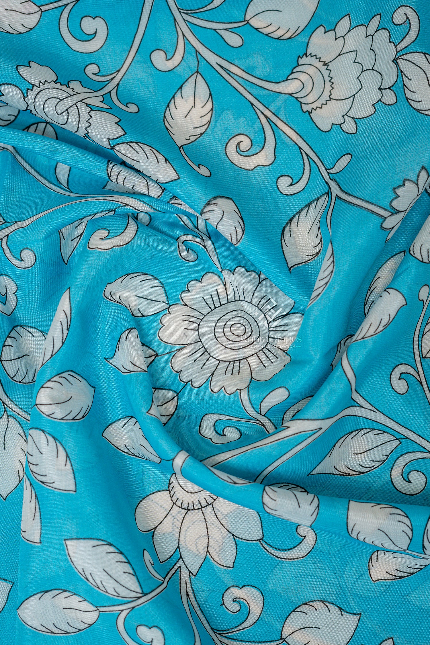 Sky Blue Kalamkari Print Silk 10 Yards Madisar Saree