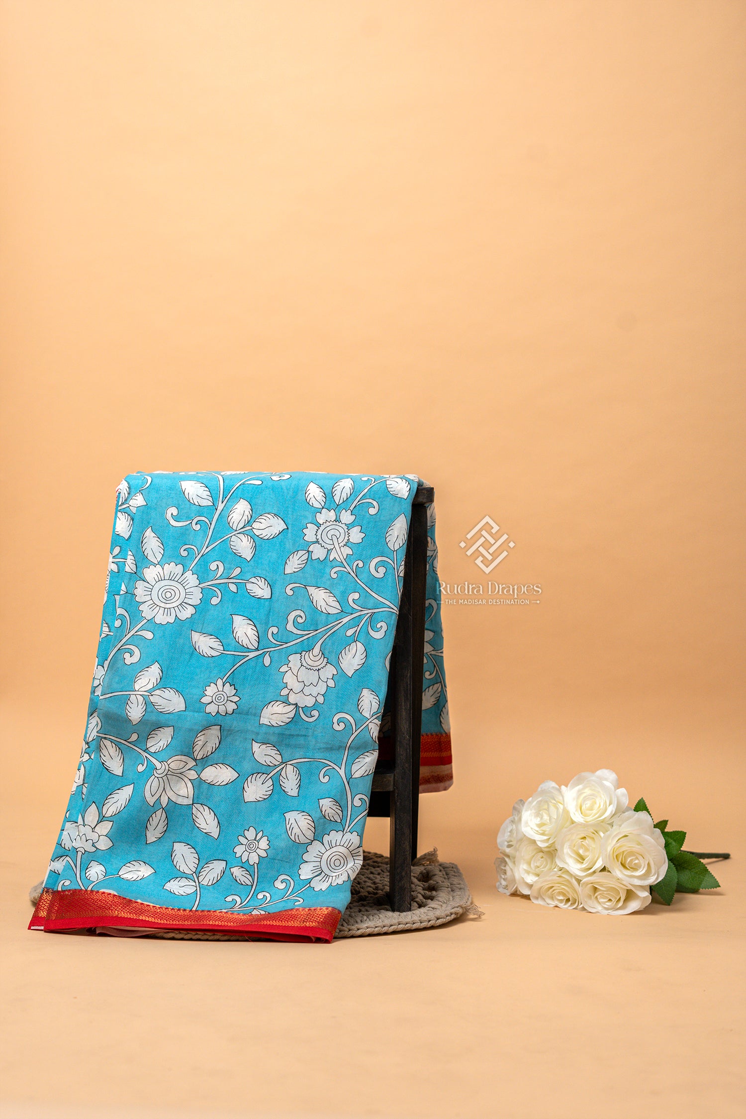 Sky Blue Kalamkari Print Silk 10 Yards Madisar Saree