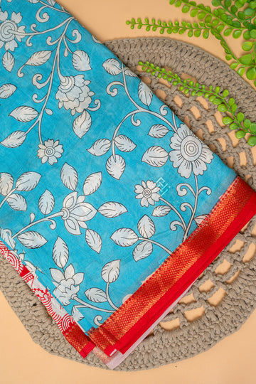 Sky Blue Kalamkari Print Silk 10 Yards Madisar Saree