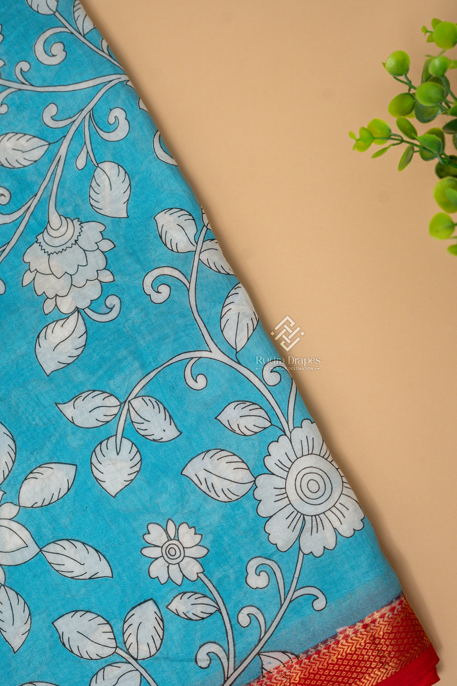 Sky Blue Kalamkari Print Silk 10 Yards Madisar Saree