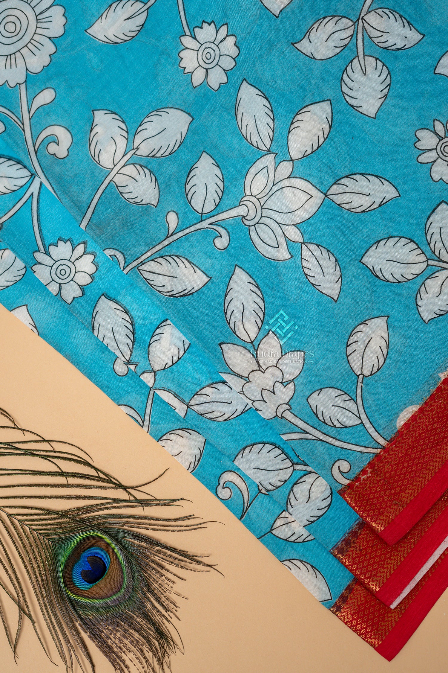 Sky Blue Kalamkari Print Silk 10 Yards Madisar Saree