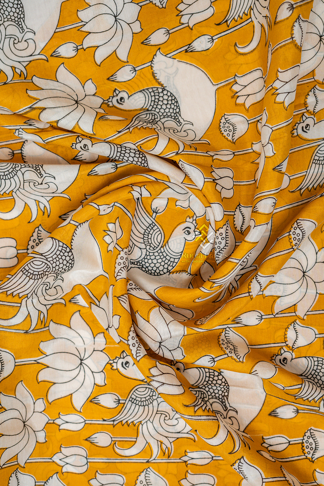 Mustard Yellow Kalamkari Print Silk 10 Yards Madisar Saree