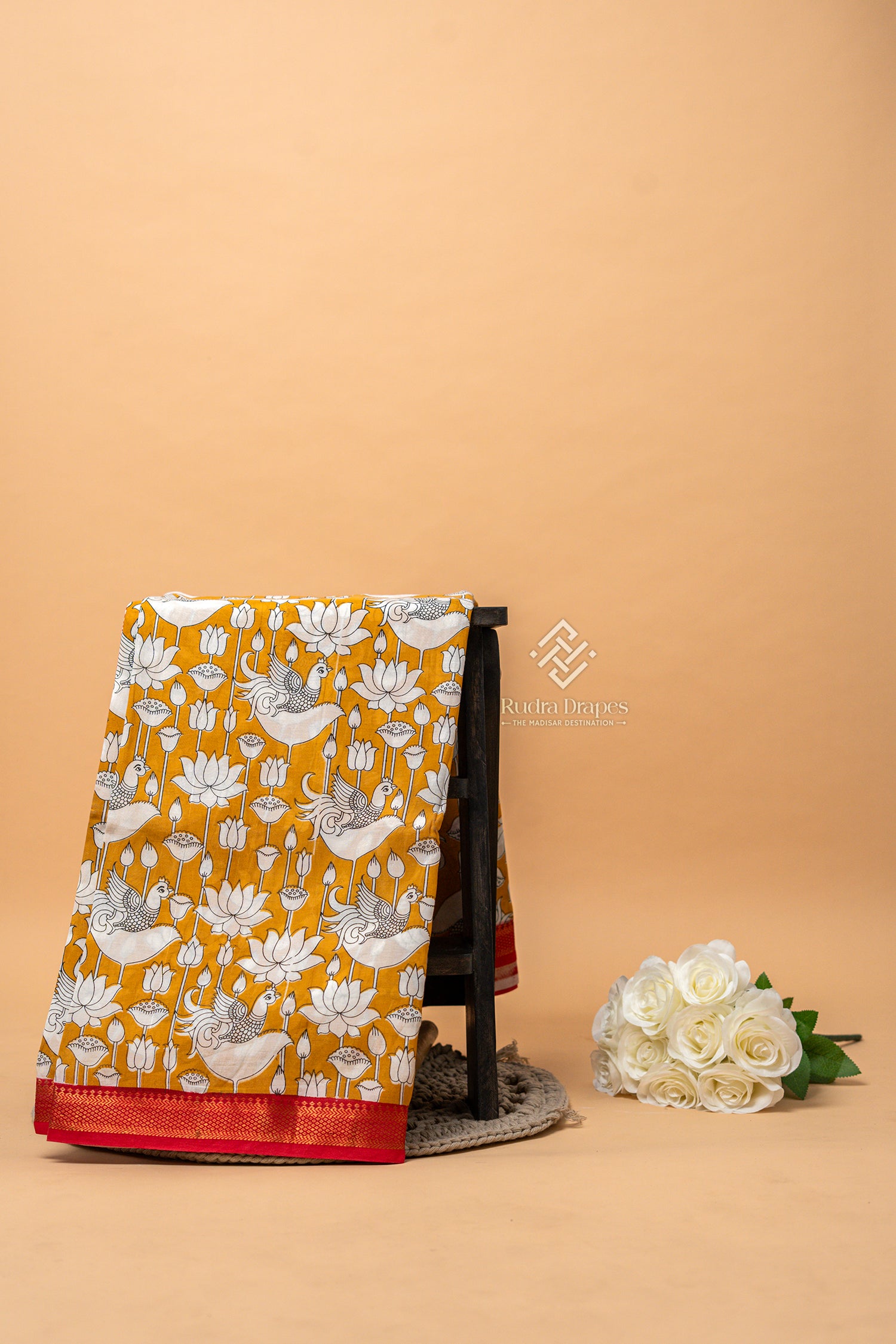 Mustard Yellow Kalamkari Print Silk 10 Yards Madisar Saree