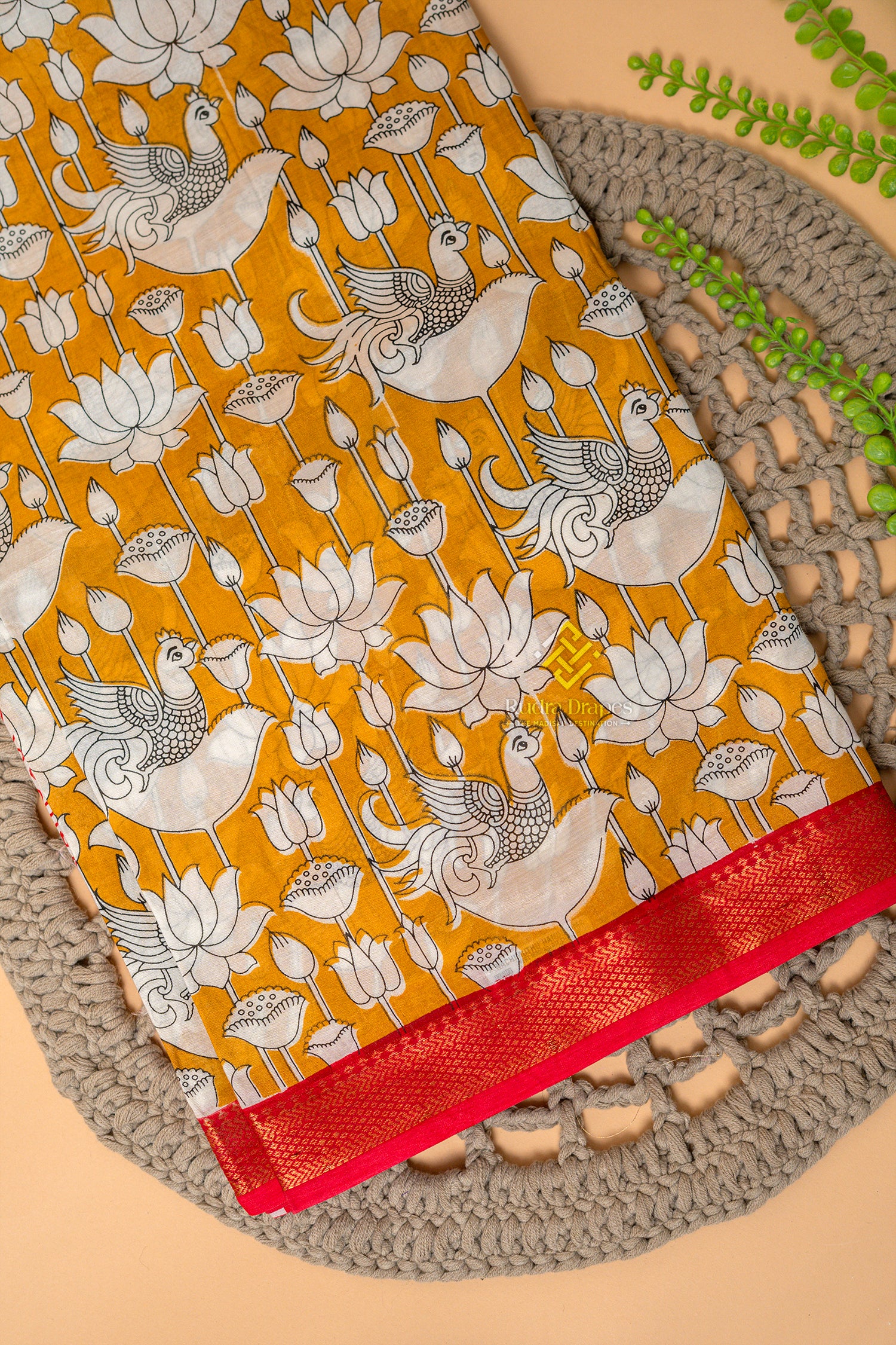 Mustard Yellow Kalamkari Print Silk 10 Yards Madisar Saree