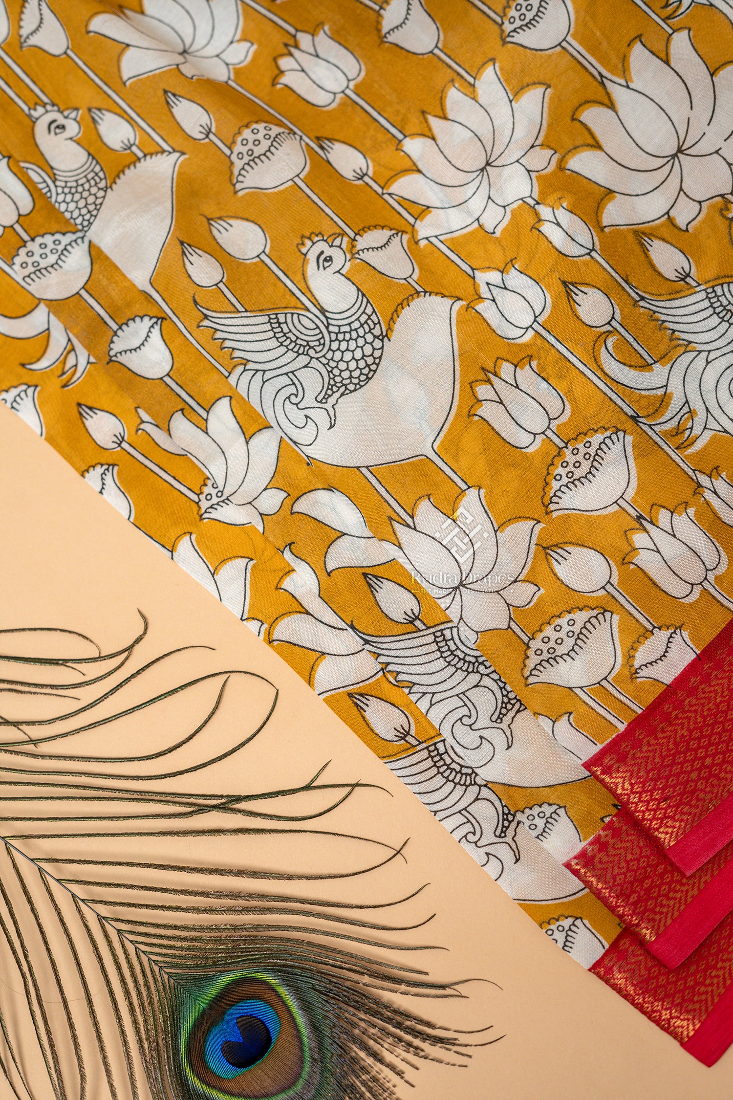 Mustard Yellow Kalamkari Print Silk 10 Yards Madisar Saree