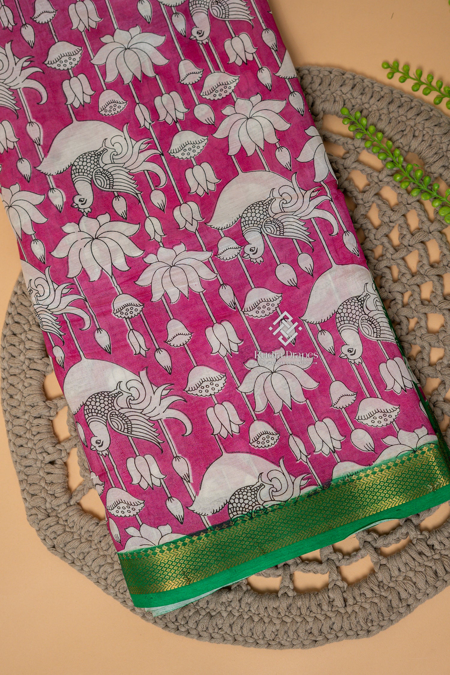 Pink Kalamkari Print Silk 10 Yards Madisar Saree