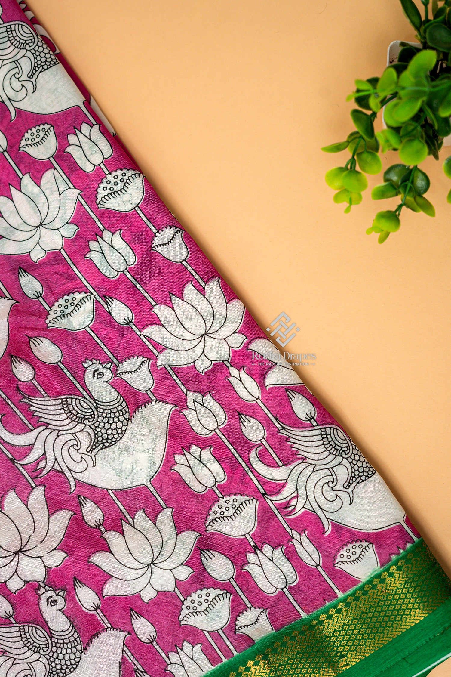 Pink Kalamkari Print Silk 10 Yards Madisar Saree