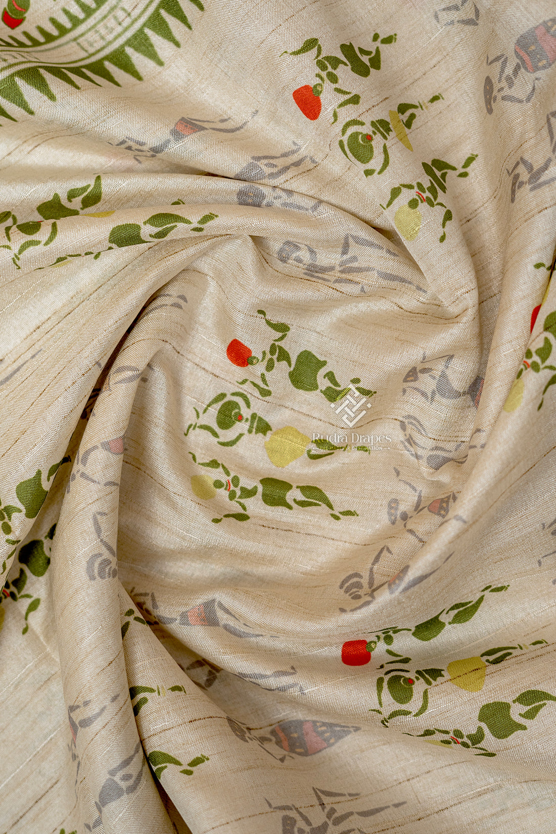 Off-White with Green Malai Silk 10 Yards Madisar Saree