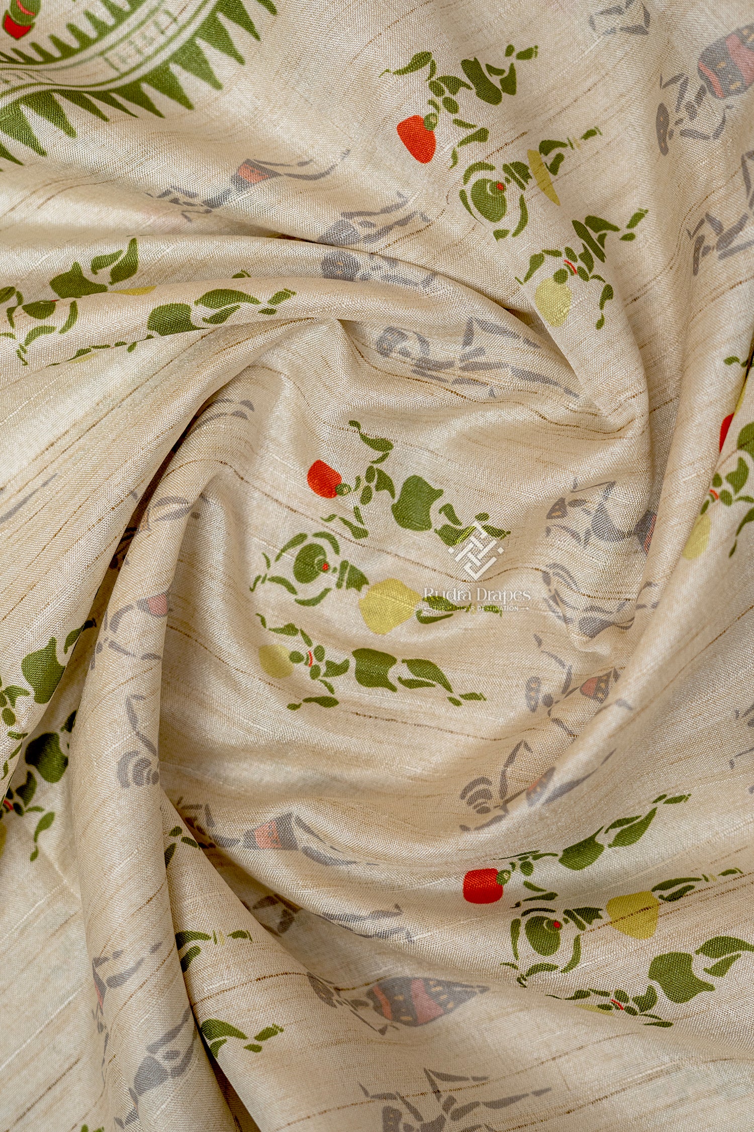 Off-White with Green Malai Silk 10 Yards Madisar Saree
