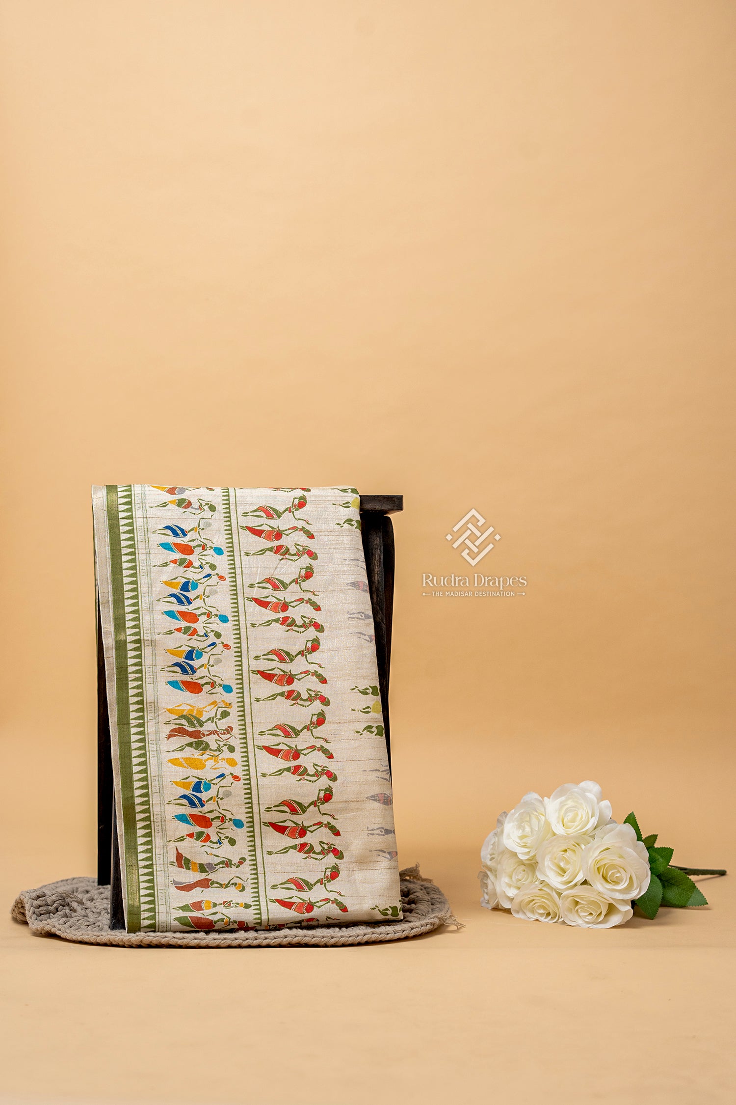 Off-White with Green Malai Silk 10 Yards Madisar Saree