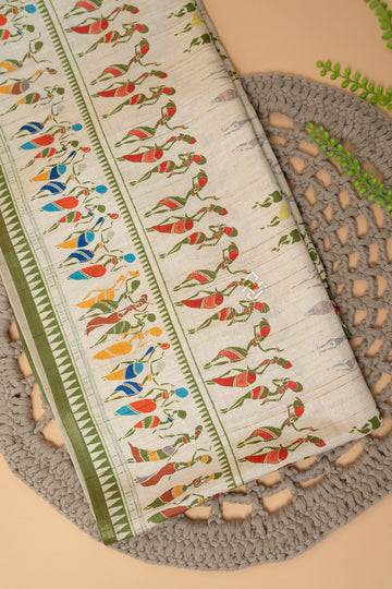 Off-White with Green Malai Silk 10 Yards Madisar Saree