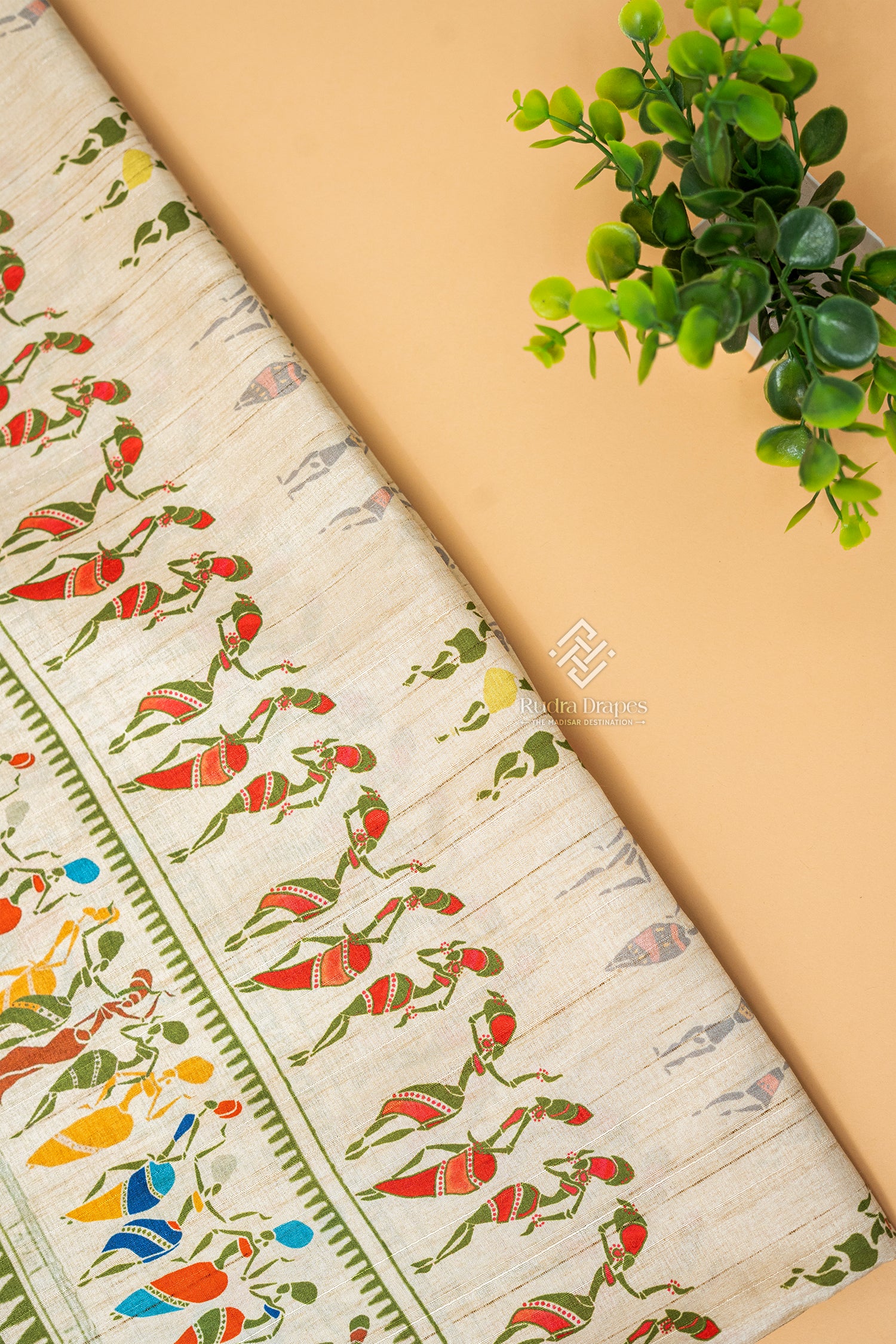 Off-White with Green Malai Silk 10 Yards Madisar Saree