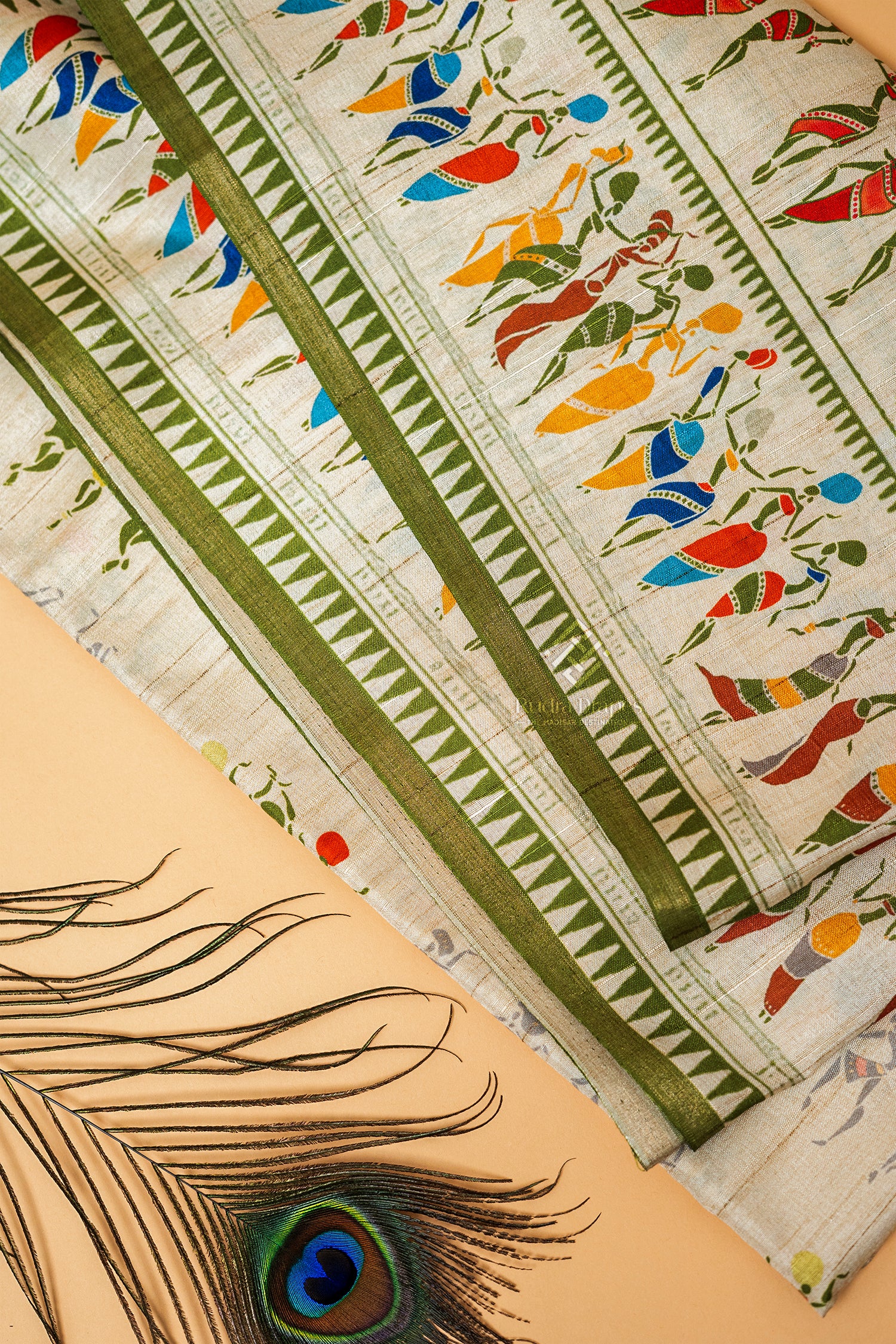 Off-White with Green Malai Silk 10 Yards Madisar Saree