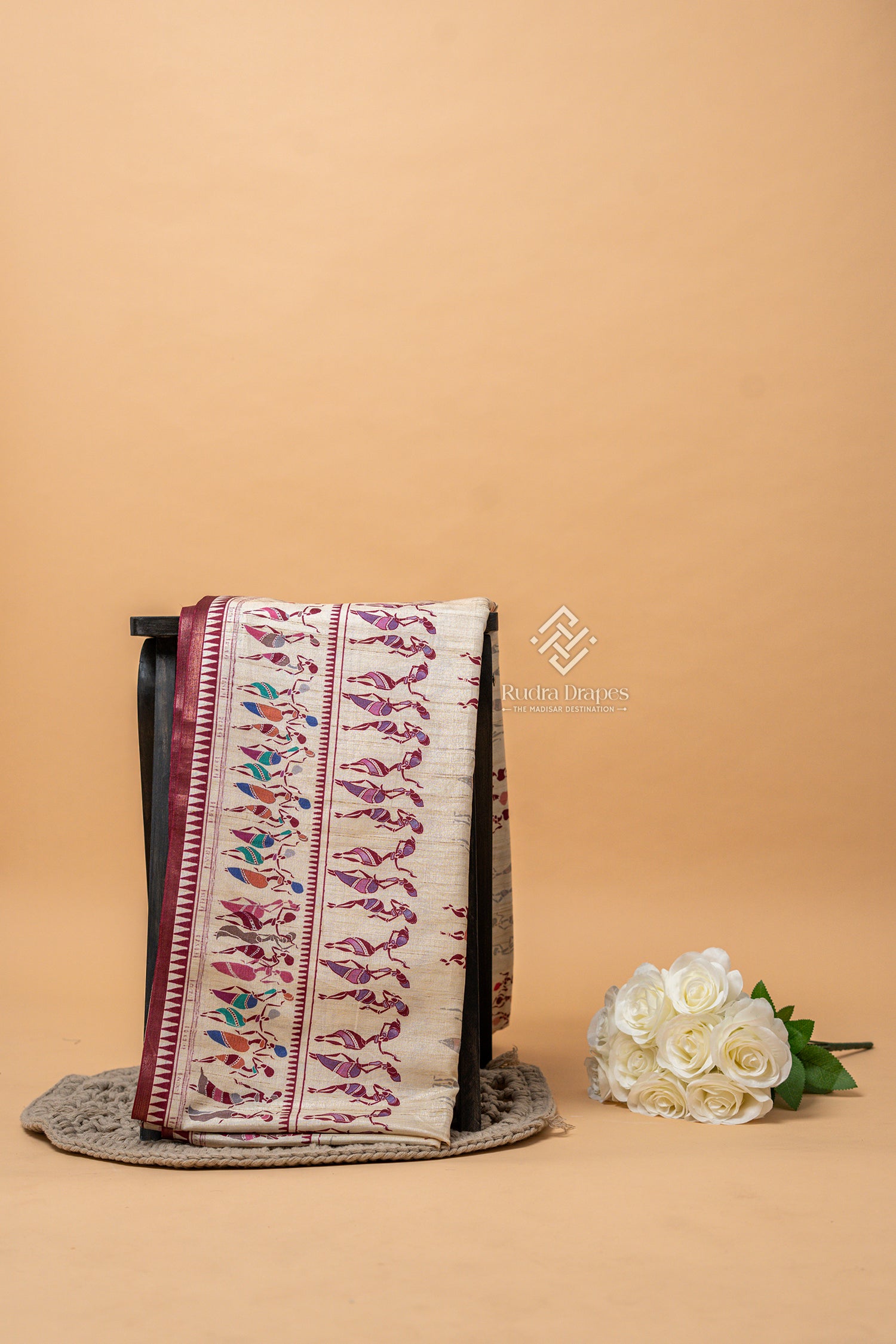Off-White with Maroon Malai Silk 10 Yards Madisar Saree