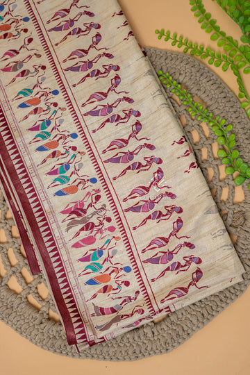 Off-White with Maroon Malai Silk 10 Yards Madisar Saree