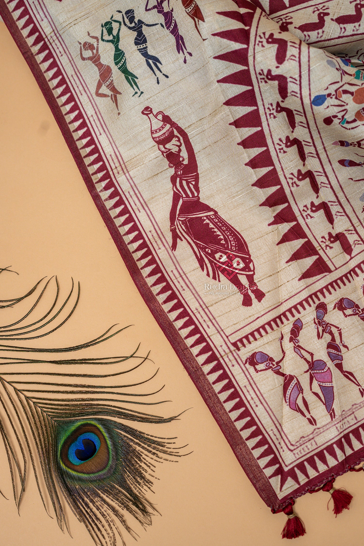 Off-White with Maroon Malai Silk 10 Yards Madisar Saree