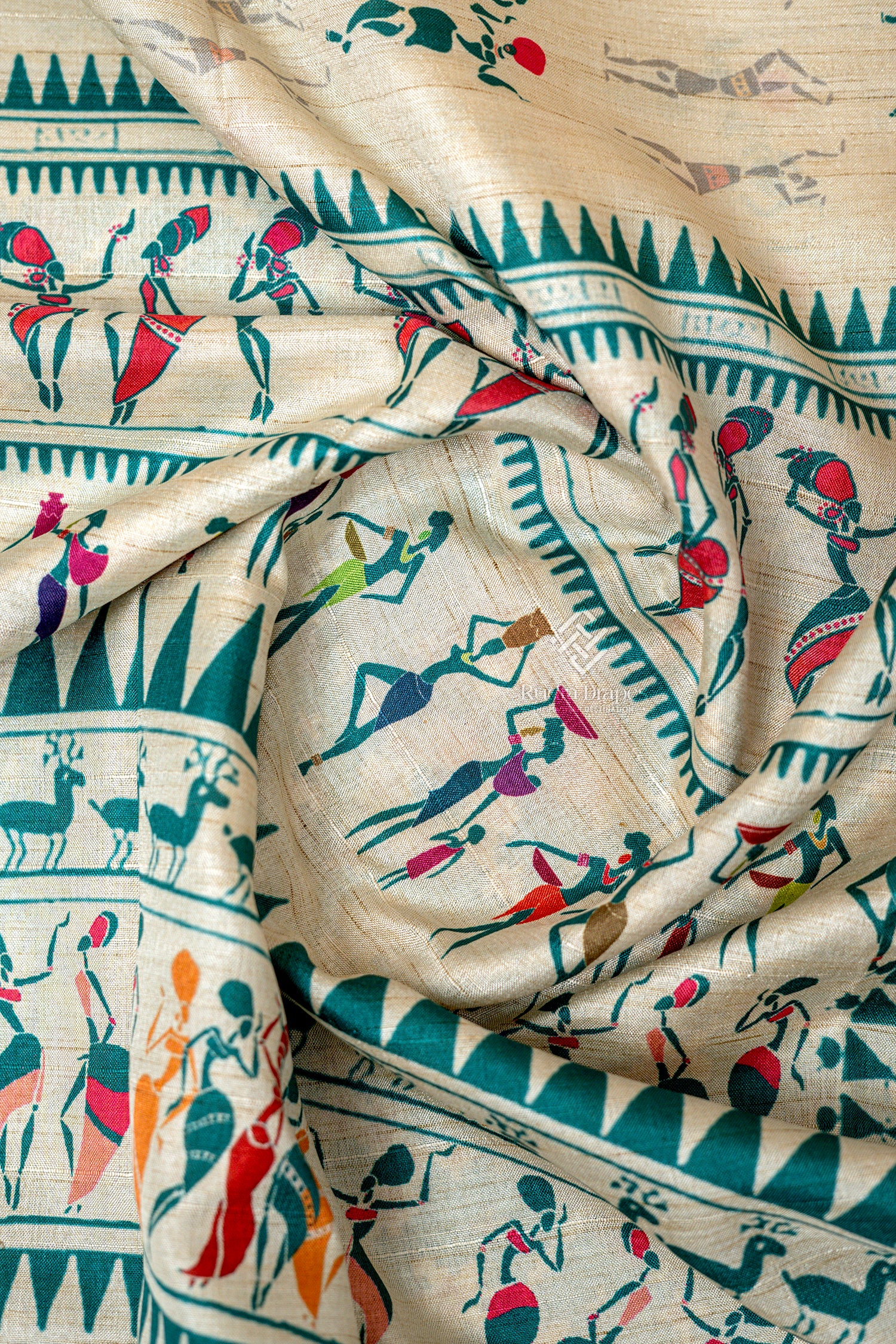 Off-White with Teal Malai Silk 10 Yards Madisar Saree