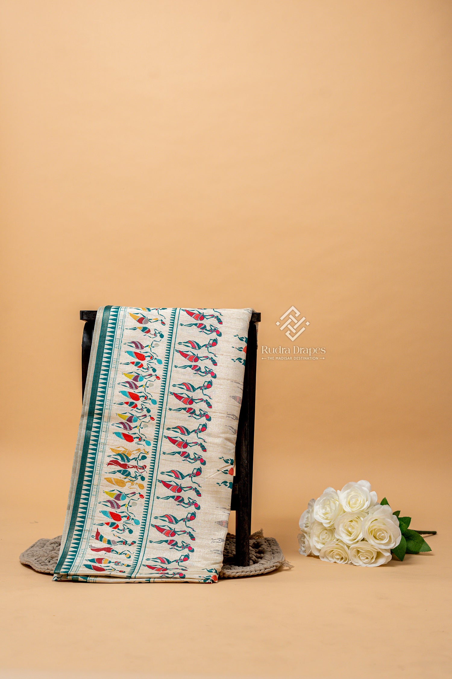 Off-White with Teal Malai Silk 10 Yards Madisar Saree