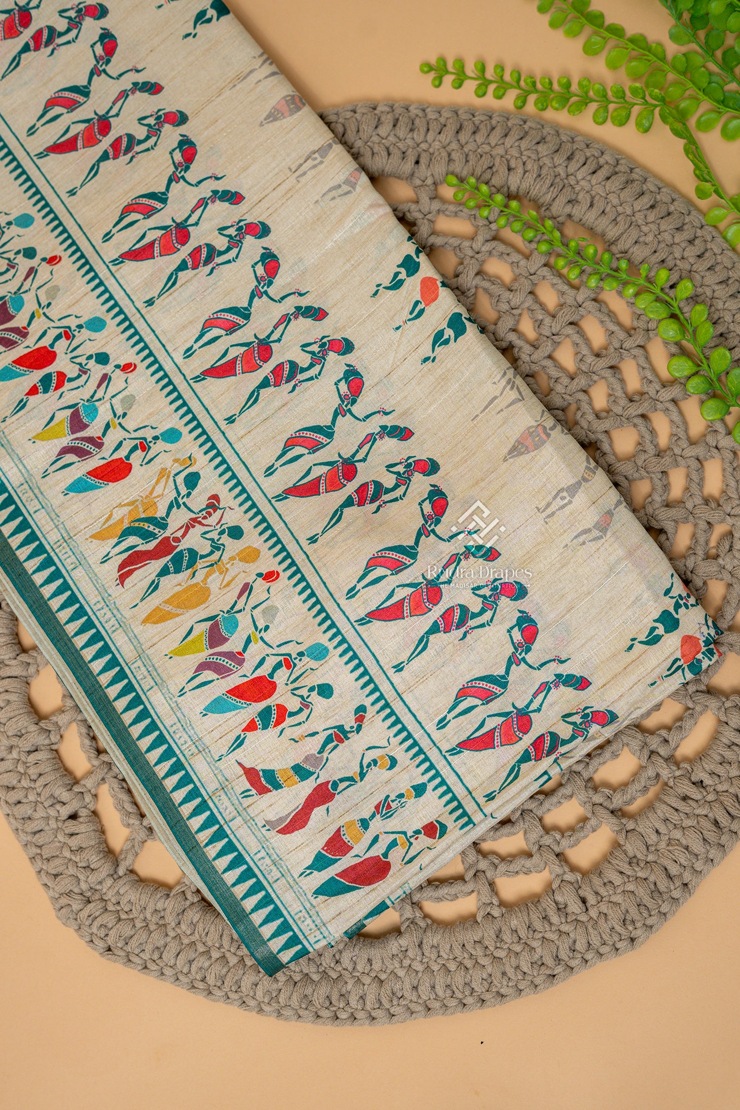 Off-White with Teal Malai Silk 10 Yards Madisar Saree