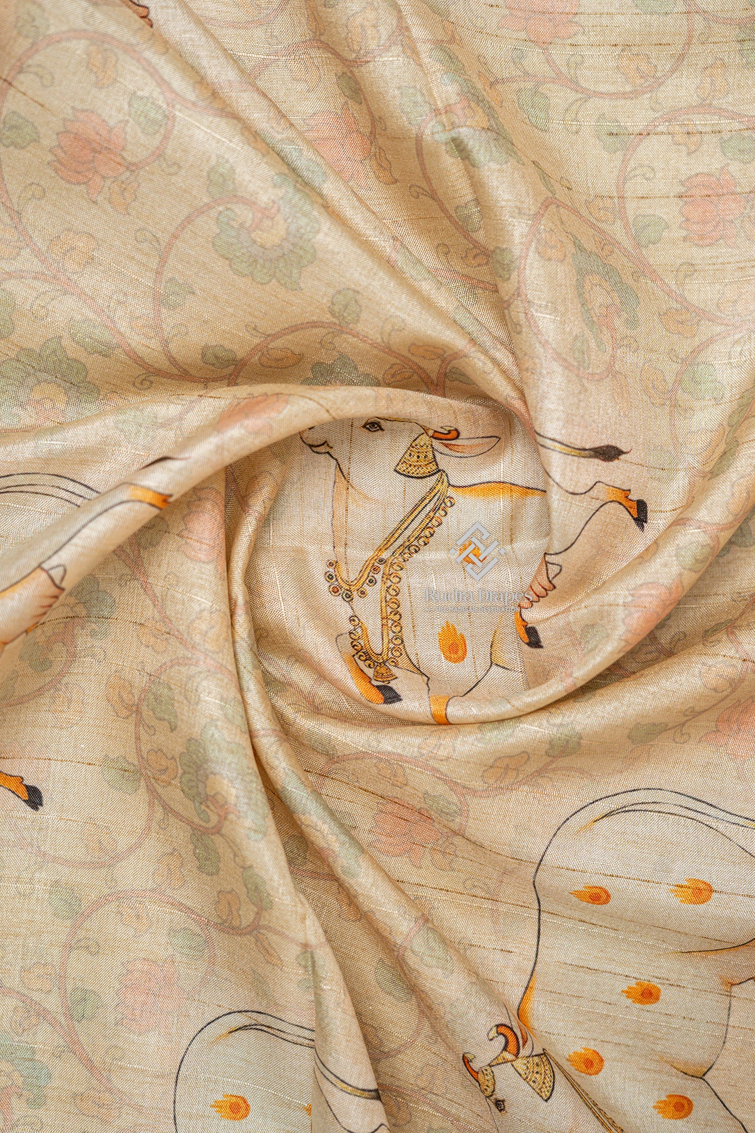 Ivory Pichwai Print Malai Silk 10 Yards Madisar Saree