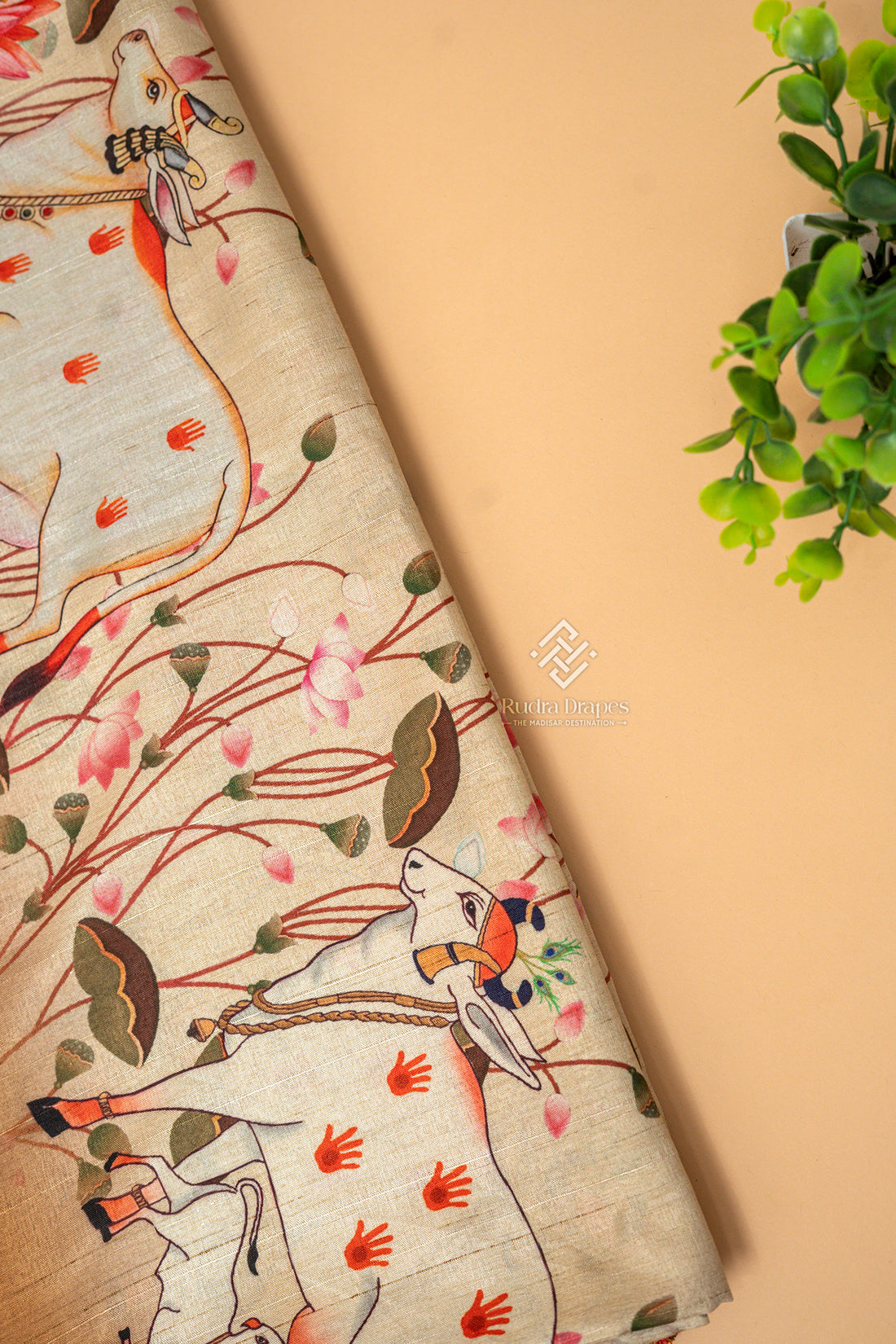Ivory Pichwai Print Malai Silk 10 Yards Madisar Saree
