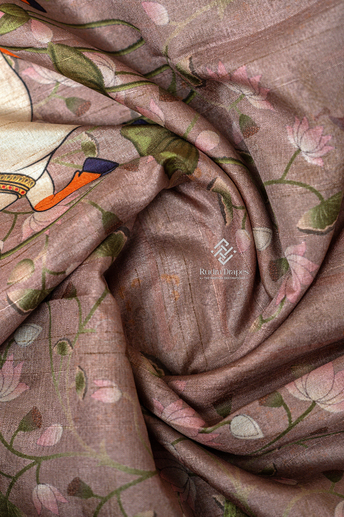 Brown Pichwai Print Malai Silk 10 Yards Madisar Saree