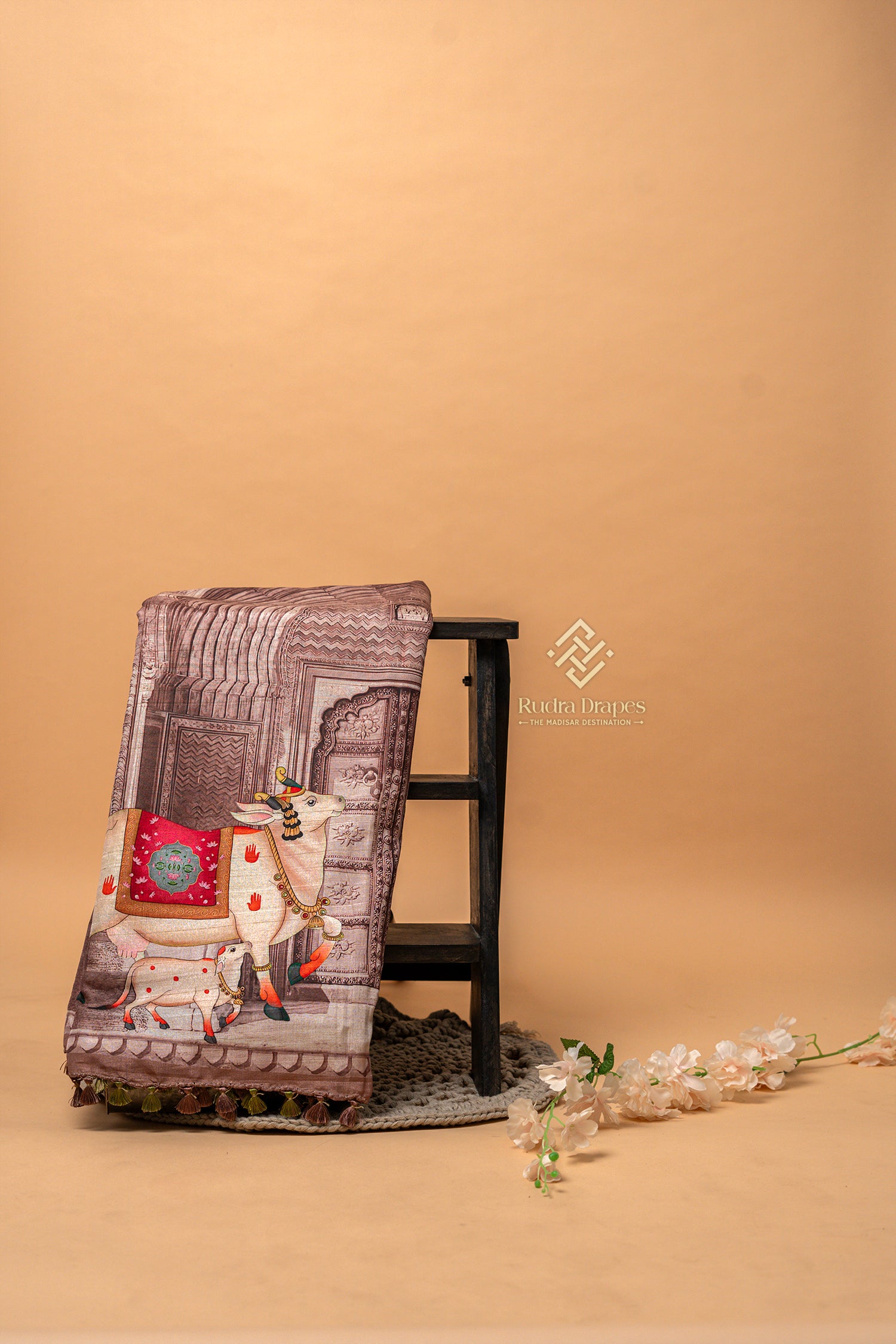 Brown Pichwai Print Malai Silk 10 Yards Madisar Saree