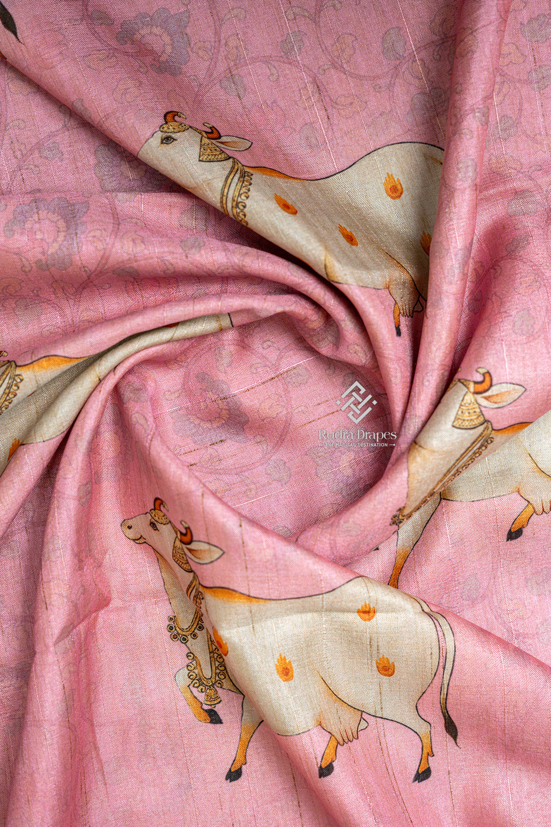 Rose Pink Pichwai Print Malai Silk 10 Yards Madisar Saree
