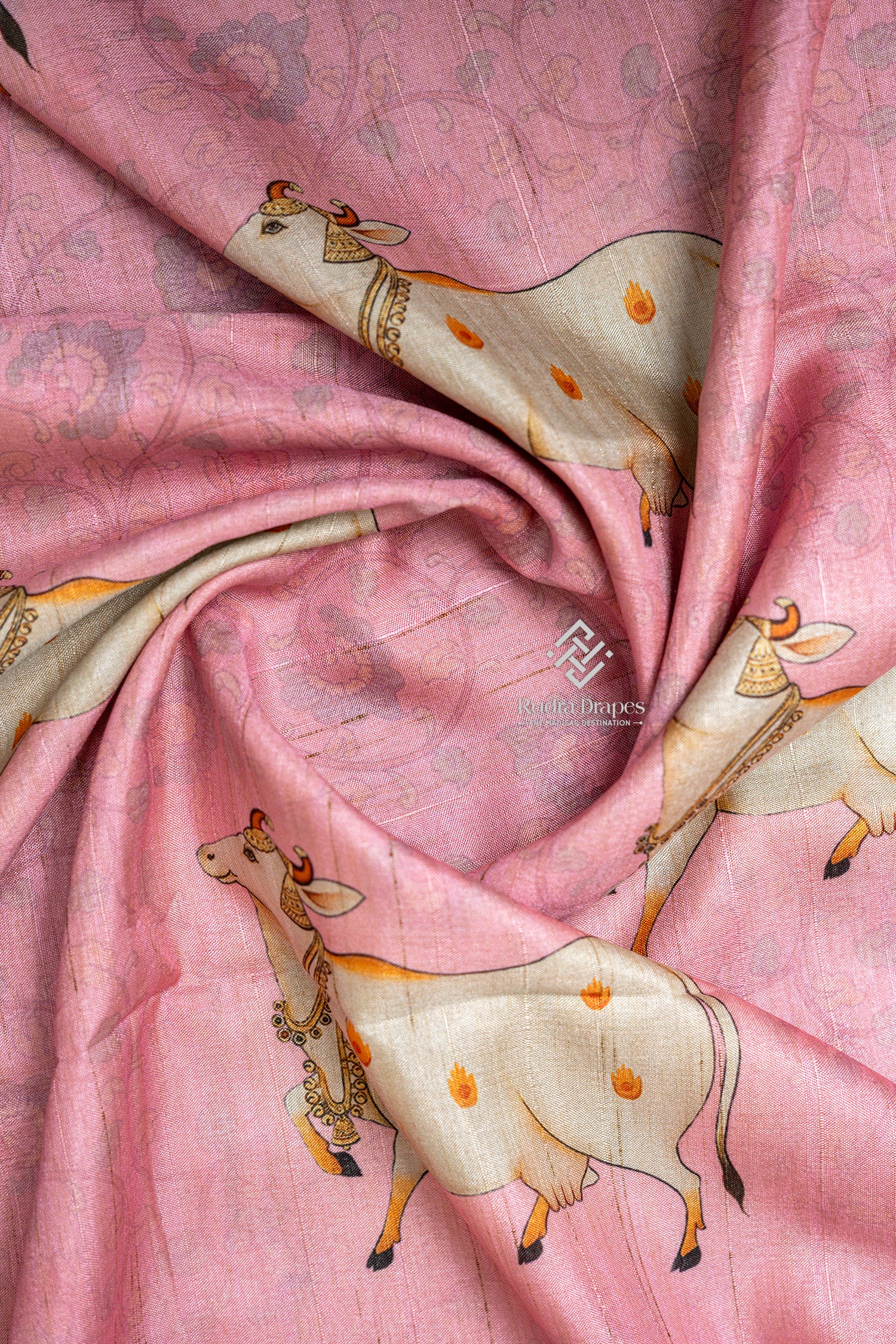 Rose Pink Pichwai Print Malai Silk 10 Yards Madisar Saree